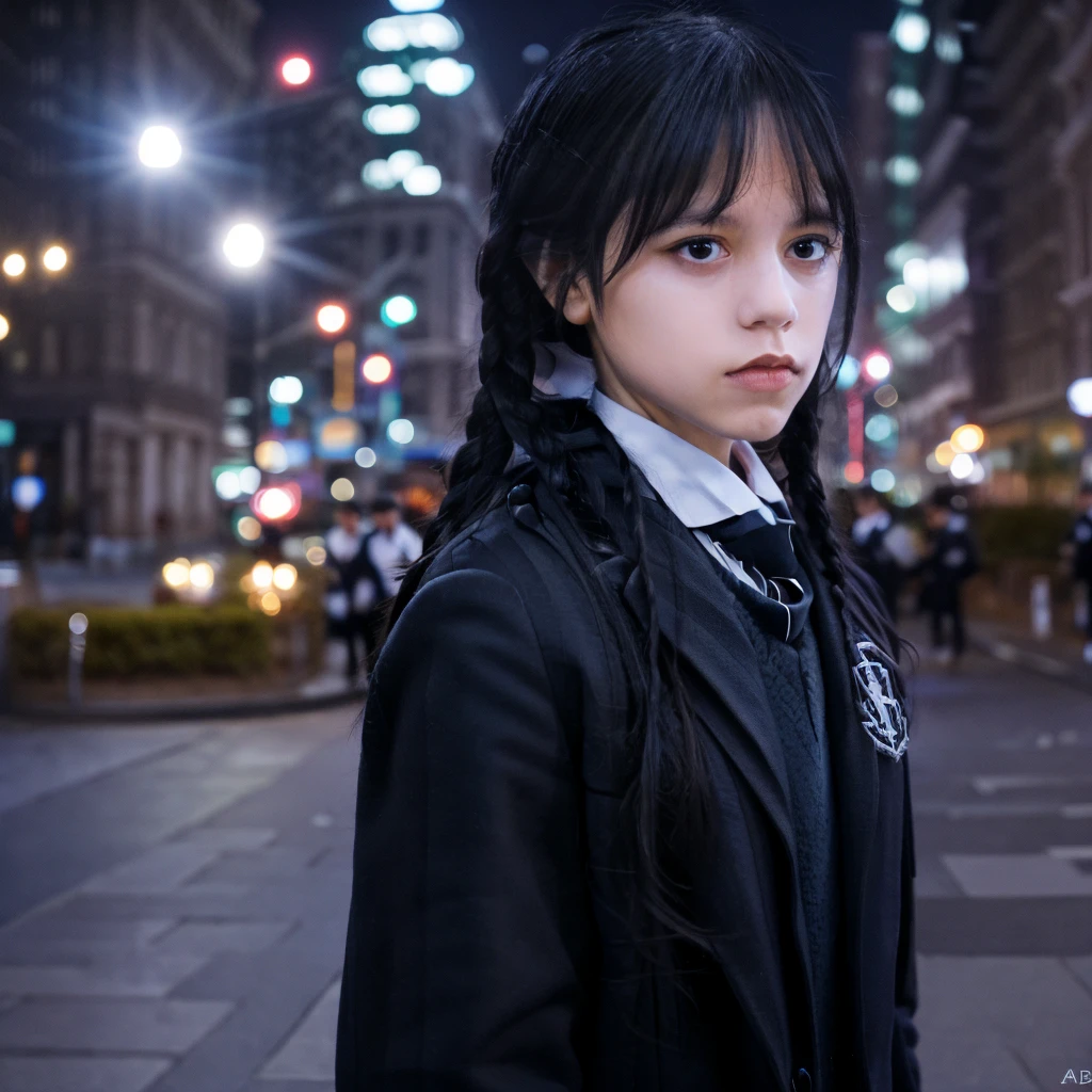photo of wedns, wearing wedns uniform,wedns hair,close-up,cityscape,soft lighting,cinematic,masterpiece,8k,uhd,dof ,(add_detail:1.3)