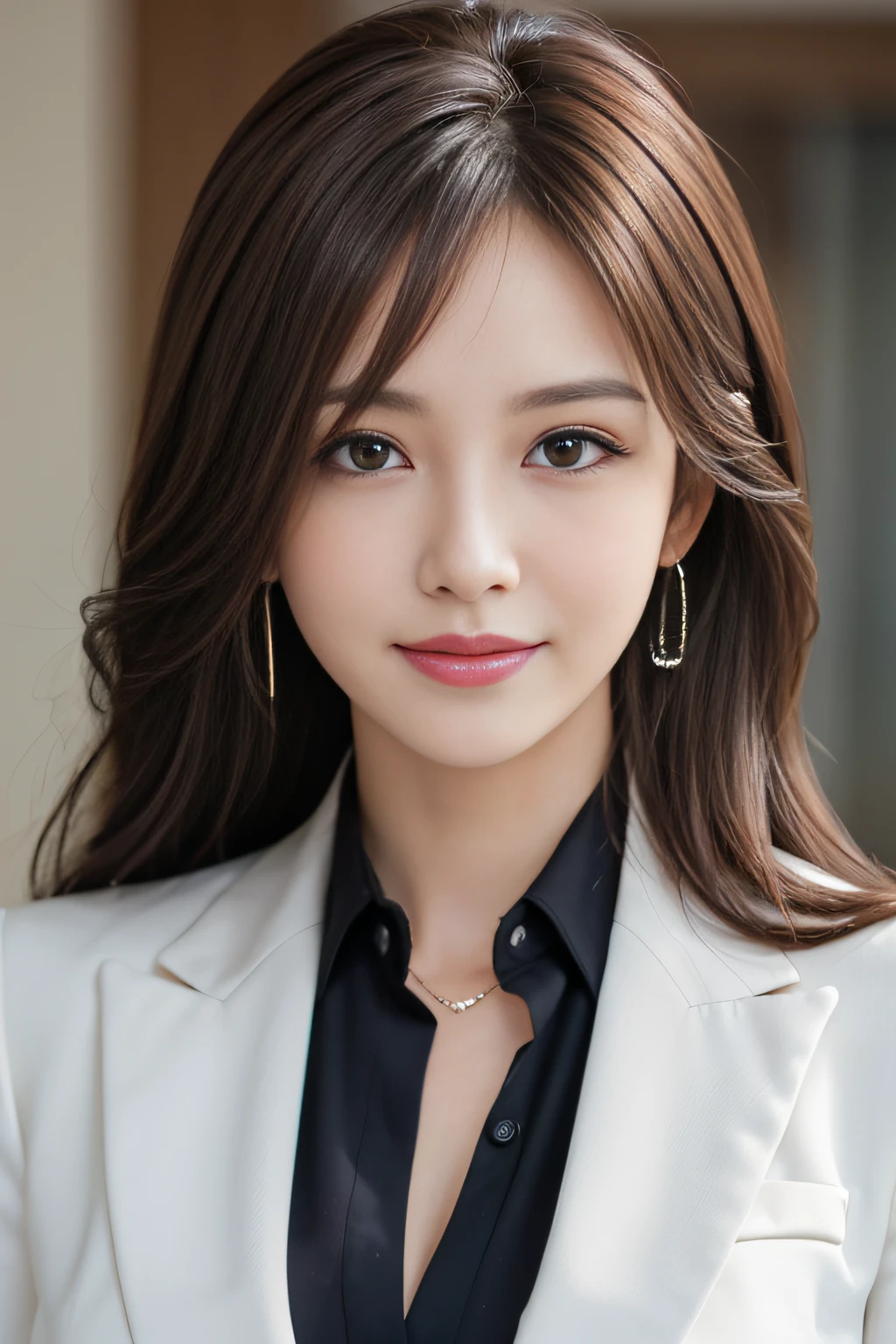 masutepiece, Best Quality, Photorealistic, Ultra-detailed, finely detail, High resolution, 8K Wallpaper, 1 beautiful woman,, light brown messy hair, in a business suit, foco nítido, Perfect dynamic composition, Beautiful detailed eyes, detailed hairs, Detailed realistic skin texture, Smiling, Close-up portrait, Model body type