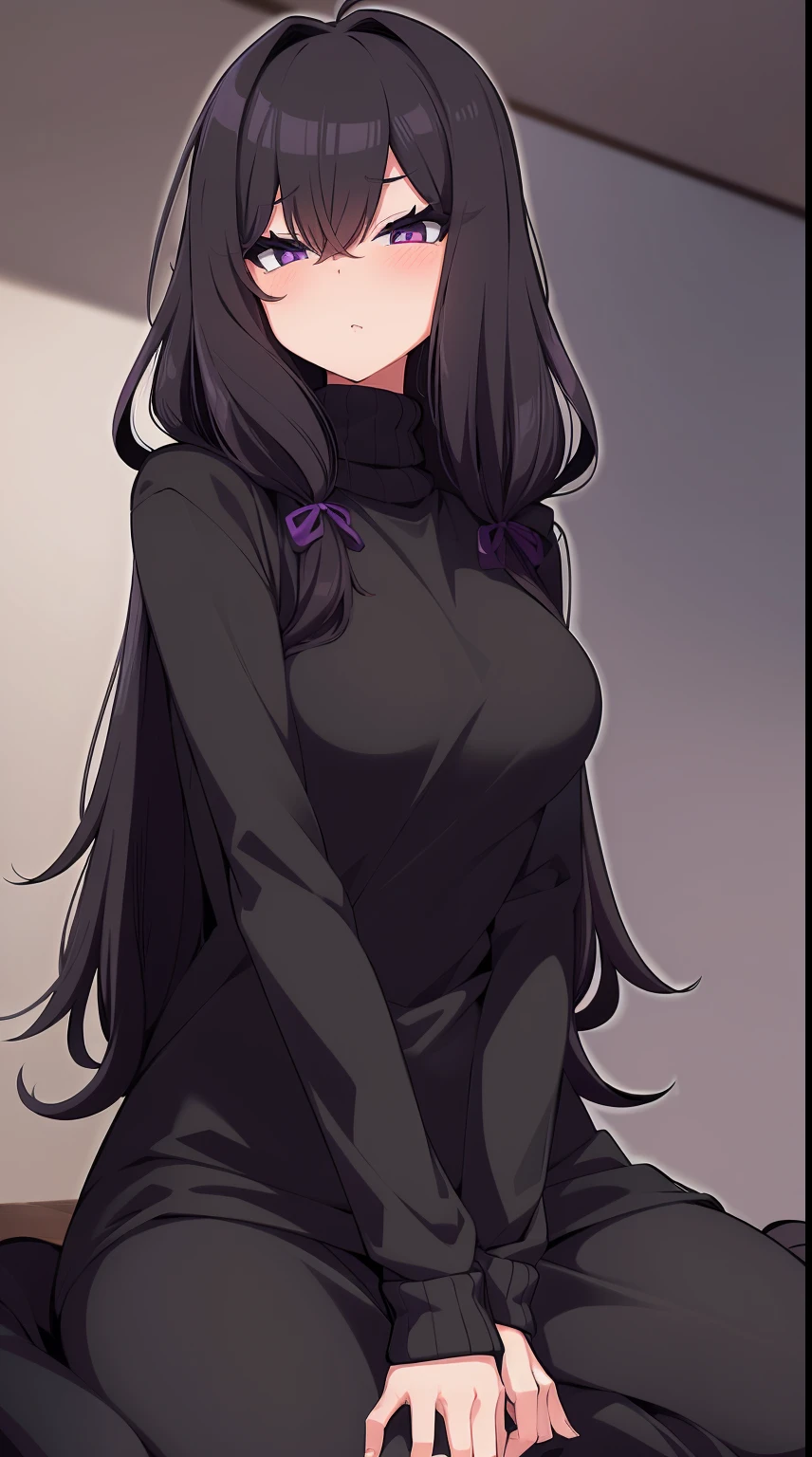 A gothic girl sits alone in a dimly lit bedroom, her melancholic expression accentuated by the somber atmosphere. She wears a cozy sweater with a hoodie that partially obscures her face, and her attire consists of black soggy pants that amplify the air of desolation. Long strands of black hair cascade over one of her purple eyes, adding an element of mystery to her appearance.