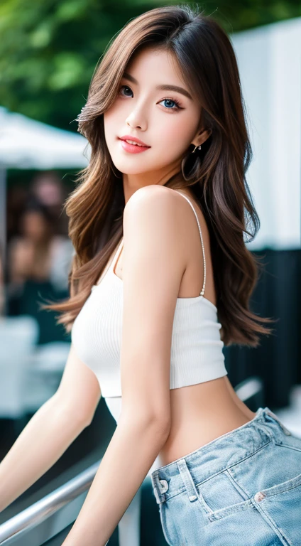 (best quality,4k,8k,highres,masterpiece:1.2),ultra-detailed,(realistic,photorealistic,photo-realistic:1.37), Idol, sitting on a chair, Korean girl, with a slim face, mesmerizing blue eyes, and luscious red lips, showcasing her elegant beauty. She has a slim and well-toned body, exuding confidence and grace. The idol dressed in a stylish tank top and trendy hot pants, accentuating her youthful energy and fashionable sense. The lighting highlights her flawless complexion and enhances the vibrant colors of her outfit. The artwork rendered with extreme attention to detail, capturing every nuance of her features and delicate expression. The overall image exudes a photorealistic charm, as if it was captured by a professional portrait photographer. The vibrant colors and sharp focus add to the lively and captivating atmosphere.