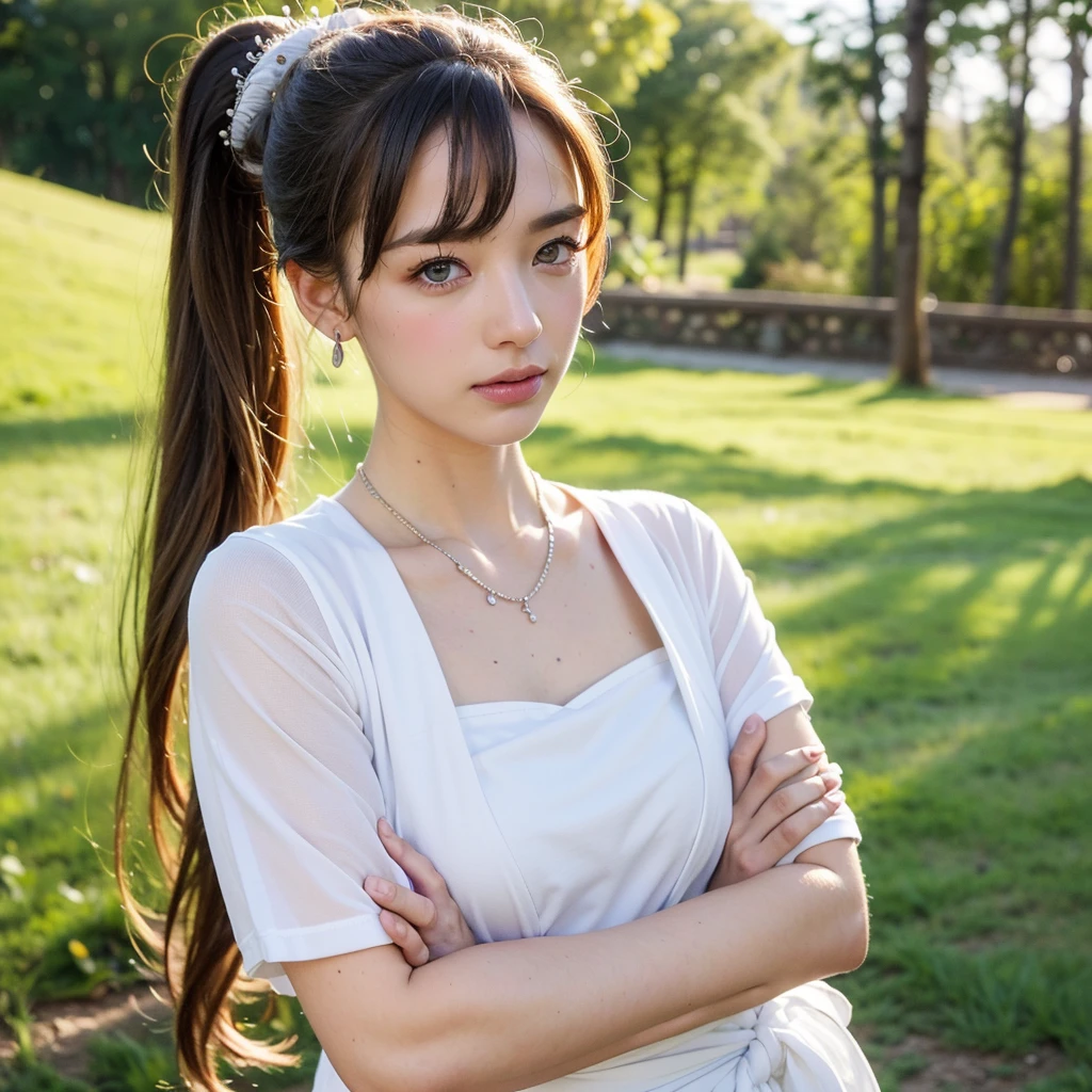(masterpiece, best quality:1.2), cowboy shot, solo, 1girl, weissvale, expressionless, closed mouth, looking at viewer, crossed arms, long white hair, side ponytail, white dress, jewelry, necklace, earrings, country lane