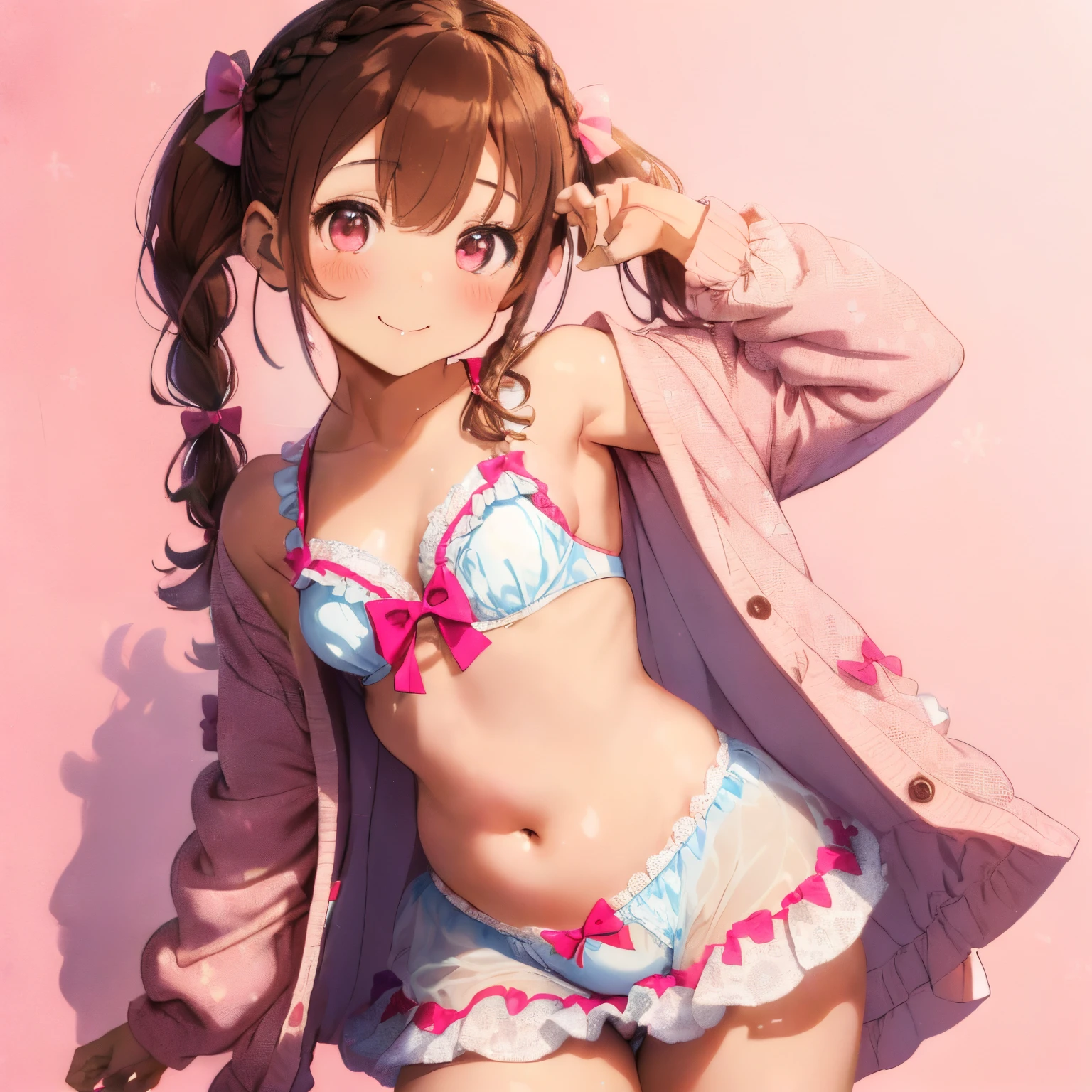 ((Brown hair)),((Braided shorthair)),(With bangs),((Pigtails)),Slight red tide,((sweet ta style pajamas),(Fluffy long sleeve cardigan clothes with lots of frills)),(all white and pink),((Colorful, cute and bold underwear)),(with floral pattern),(The chest is boldly opened),(fairy tale cute platform sneakers),((Colorful and pop world view)),(((The body shape is slender))),((Cute pose like a model)),(Kamime Heath Smile),(close up of face),NSFW,(Navel Bow Style),((sleeveless nightgown)),(room style)