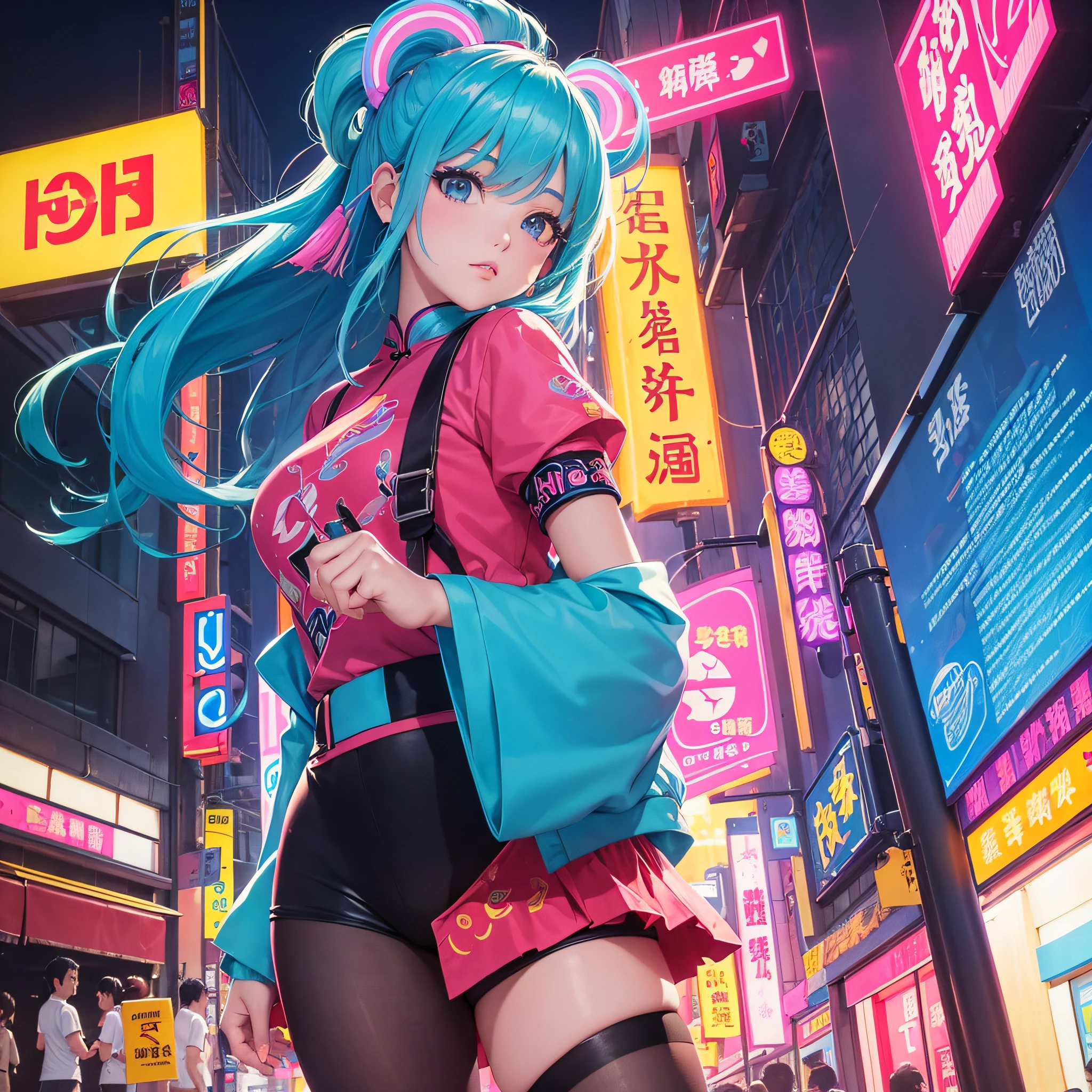 An anime illustration of 2 happy cyberpunk girls, confident laughing cyberpunk girls, ((Harajuku-inspired pop outfit)), bold colors and patterns, eye-catching accessories, trendy and innovative hairstyle, vibrant makeup, ((dynamic pose)), futuristic dazzling nightclub interior with people dancing, glowing LED lights, bright and vivid color scheme, anime, illustration, (beautiful detailed face), intricate details, ultra detailed, NSFW
