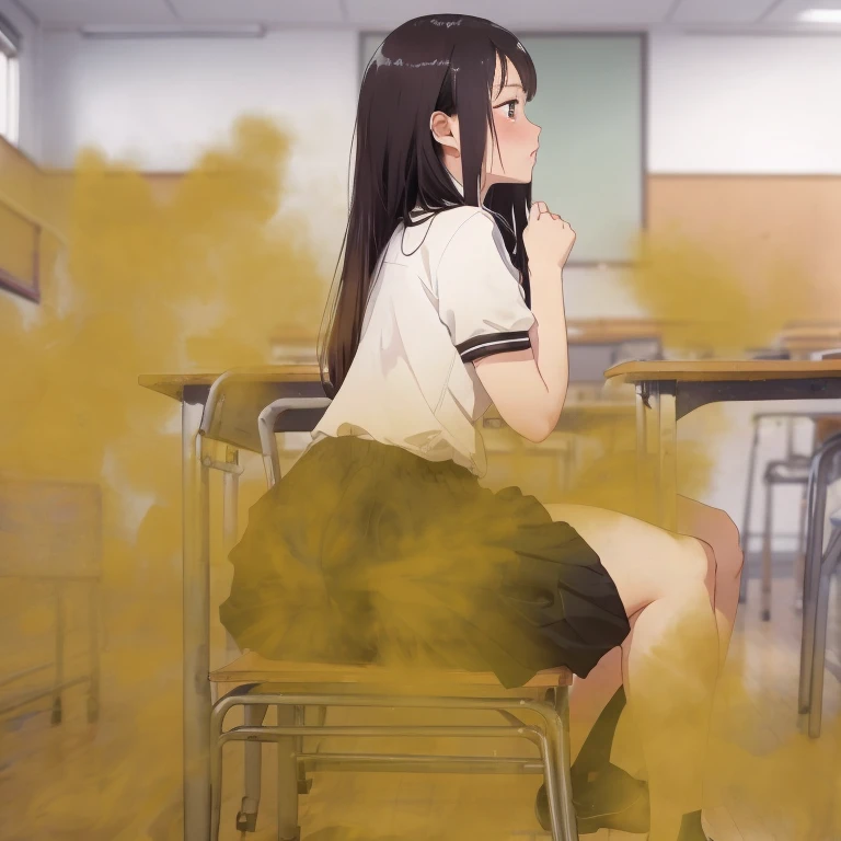 ((masutepiece, hight resolution,depth of fields, 4K,nffsw,)),(((1 girl in)))),((((consternation))),(((A fart  coming out of the chair in the classroom where the girl  sitting..)))),((profile)),((red blush)),(((sitting on chair in classroom))),,silber hair,((Perspective from the classroom))),(((校服))),((((Focus)))),(((A slender))),(((Toned body))