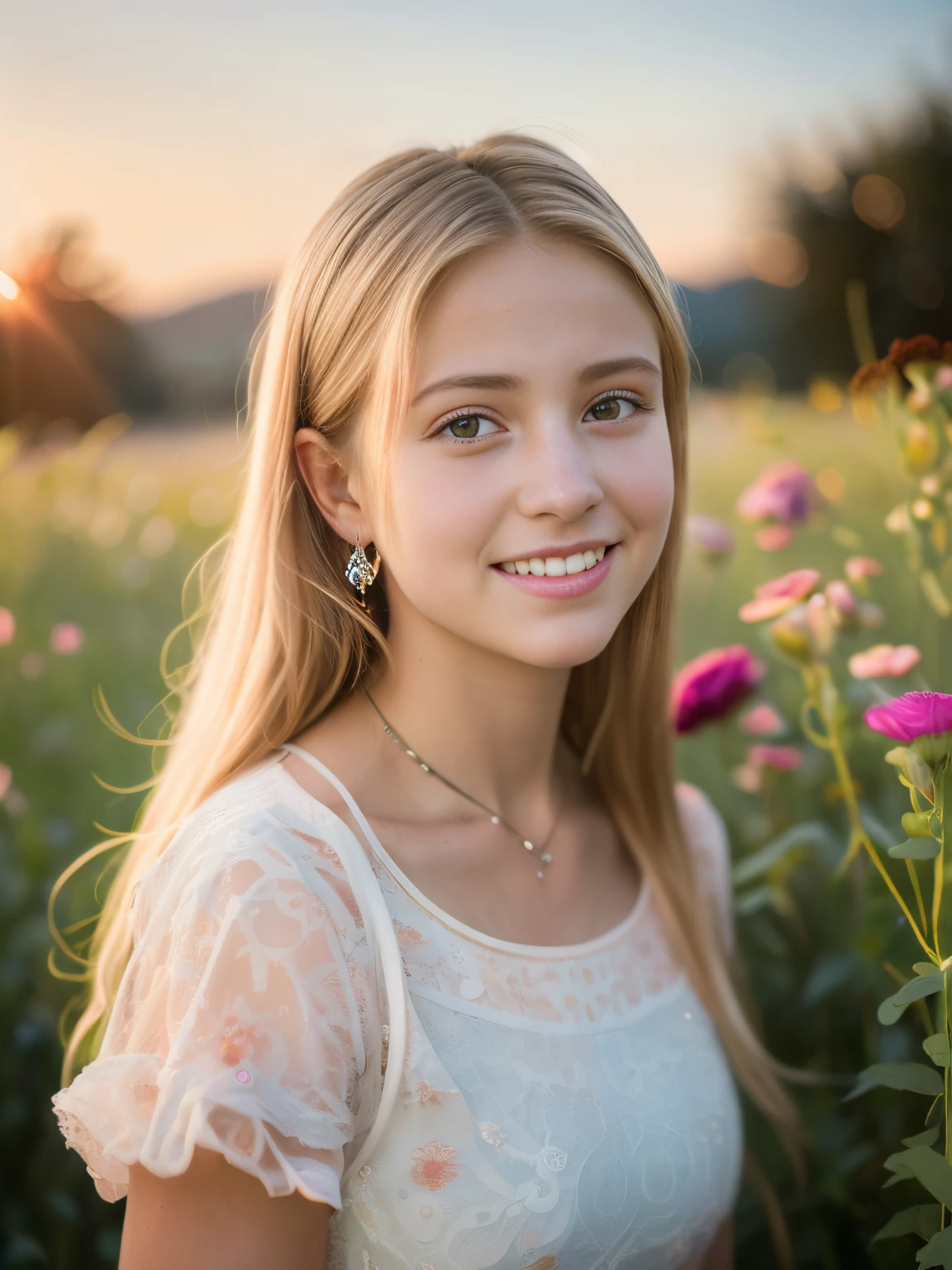 A photorealistic portrait of a -yeld wh girl with blonde hair, smiling gently, standing in a vibrant flower field under a clear blue sky, the golden hour sun casting a warm, soft glow on her face, high-quality, Instagram profile picture, DSLR photo quality, shallow depth of field with bokeh