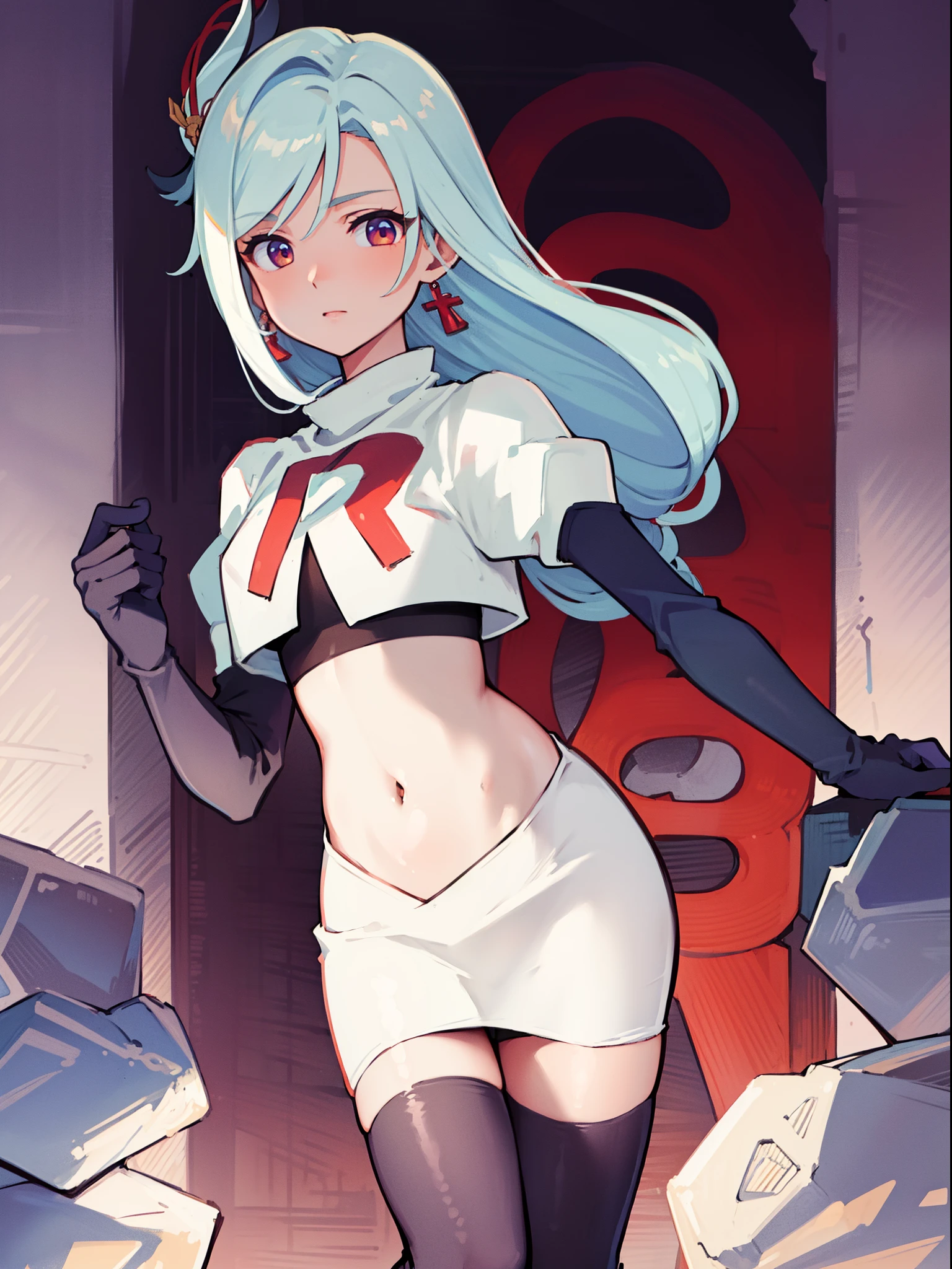 masterpiece, best quality, shenhe \(genshin impact\), long hair, 1girl, solo, earrings, hair ornament, team rocket,team rocket uniform, red letter R, white skirt,white crop top,black thigh-highs,black elbow gloves
