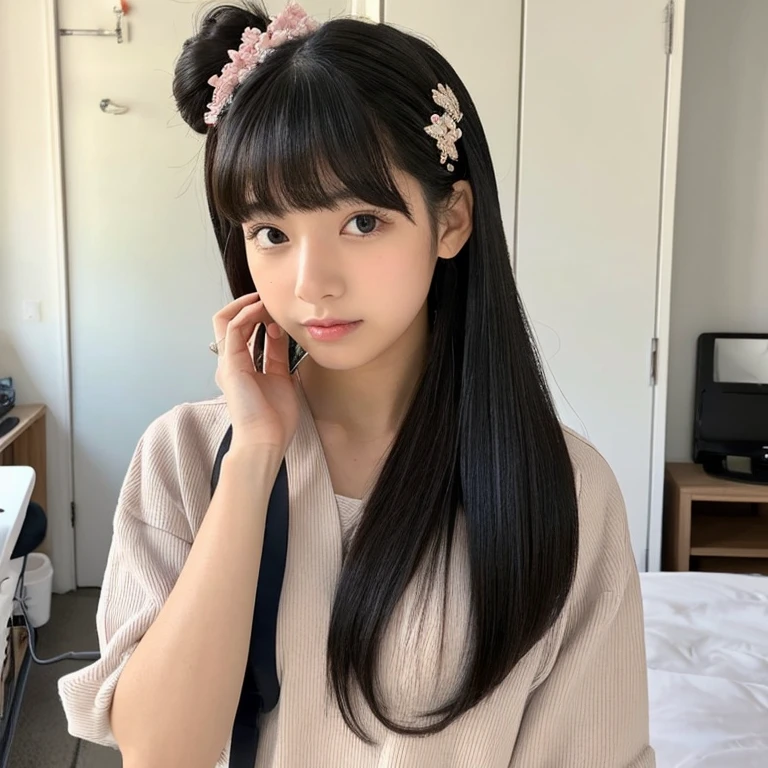 An ultra-high picture quality、Perfect Photo、18-year-old beautiful girl、Japan beautiful girl、hi-school girl、light skinned、slender、Black Haired Beautiful Girl、cute little、Beautuful Women、Cute room、(((Hair styling)))、((( Putting hair together)))、(Cute and stylish items、(tiny chest)、With bangs、(hate)、(Painful)、(half-opened mouth)、sports hair、Straight hair、glares、