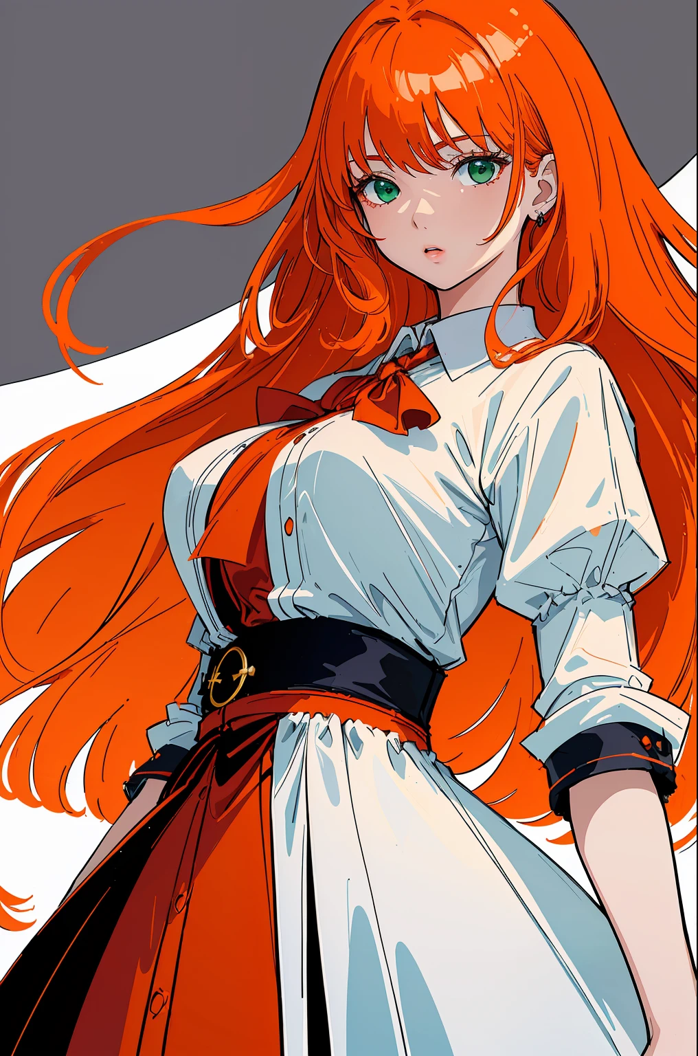 ((tmasterpiece, beste-Qualit)), a 1girl, High, a cute young woman, long orange hair with red undertones, white shirt, gown, black belt with garters, body and face close up, drawn eyes and hands, Beautiful red dress, green colored eyes