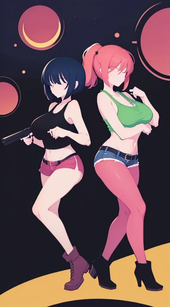 masutepiece,in 8K,High quality,Fine detail,super precision,Two sisters(Stand back to back),Big guns,large boob,Tank Tops,hotpants,in fighting,Build a night city(cyberpunked),dazzling neon light,