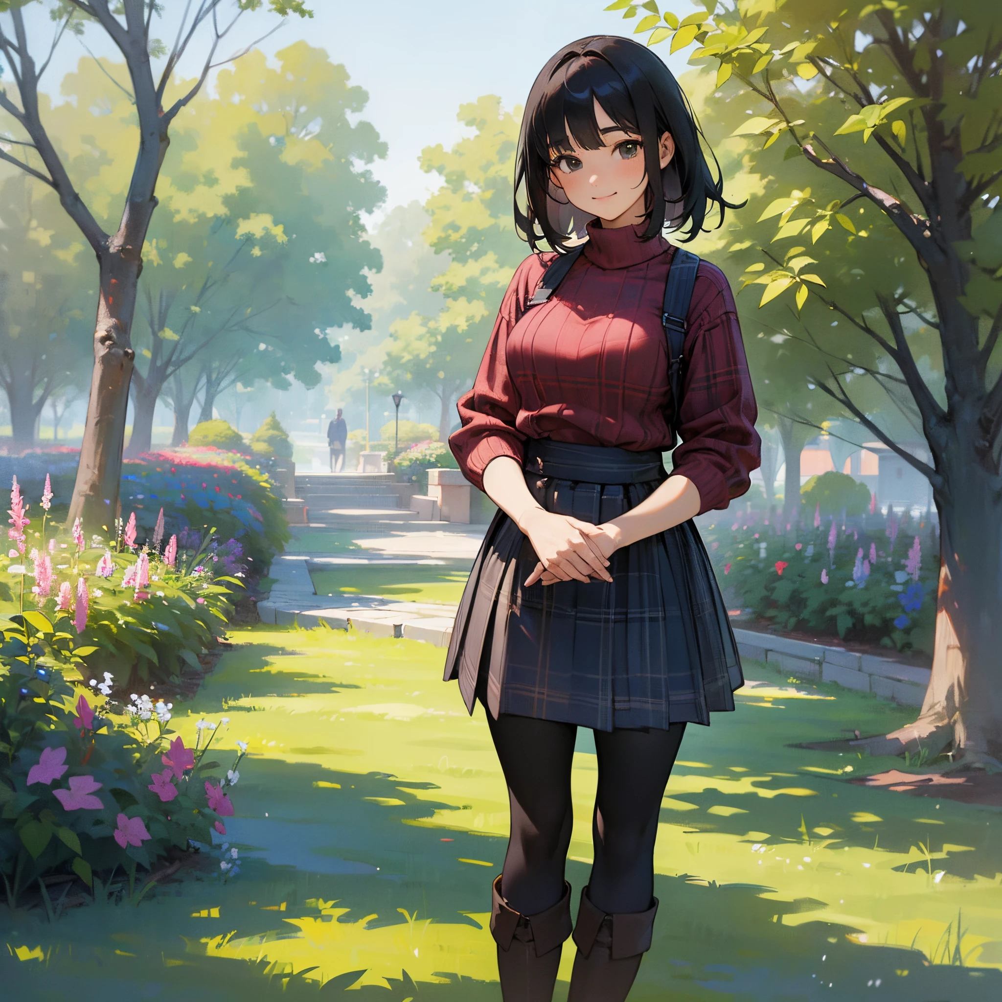 (High quality, High resolution, Ultra-detailed, Realistic:1.37), peaceful ambiance, (plein air, garden),  girl standing alone, (My breasts are big.), Beautiful detailed features, Cute smile, (Black bob hair), Ribbed sweater, blue plaid skirt, Black tights, Brown boots.