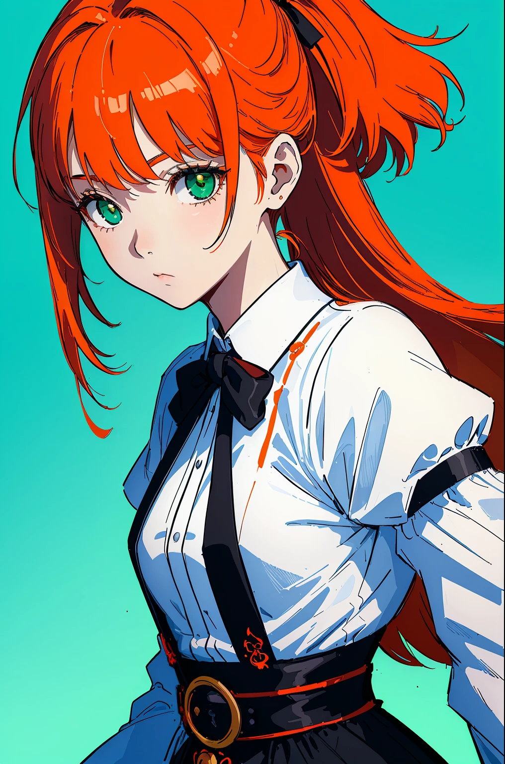 ((tmasterpiece, beste-Qualit)), a 1girl, High, a cute young woman, long orange hair with red undertones, white shirt, gown, black belt with garters, body and face close up, drawn eyes and hands, Beautiful Black Dress, green colored eyes