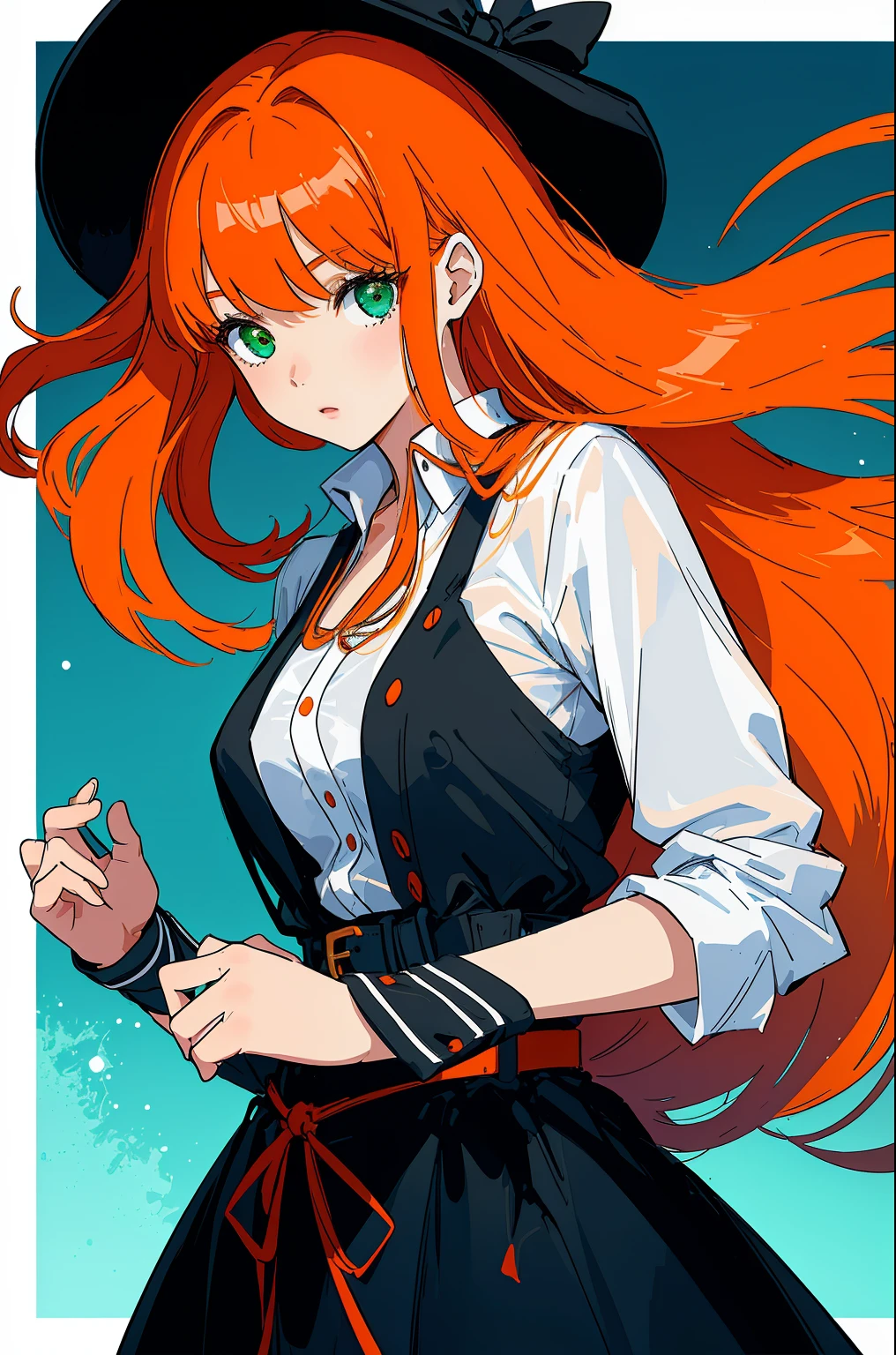 ((tmasterpiece, beste-Qualit)), a 1girl, High, a cute young woman, long orange hair with red undertones, white  shirt, gown, black belt with garters, body and face close up, drawn eyes and hands, Beautiful Black Dress, green colored eyes