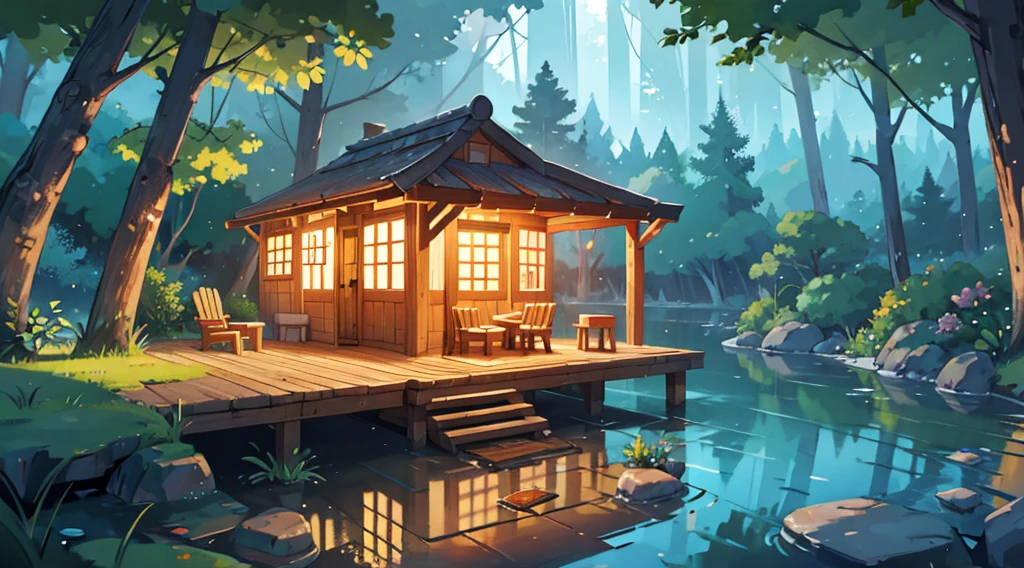 brook, clear water, magical night, small wooden hut, wooden chairs and orange lights, relaxation, beautiful scenery