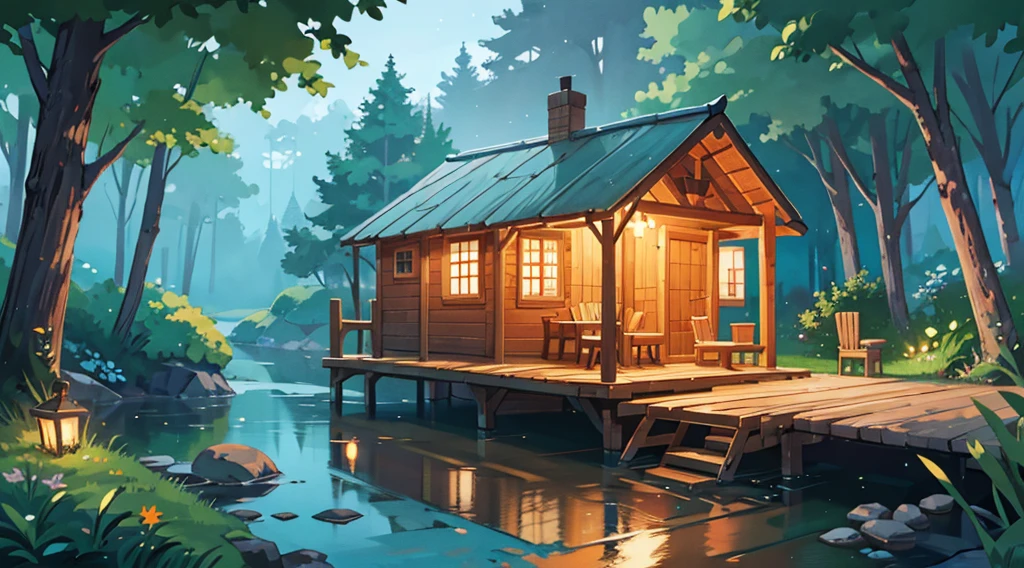 brook, clear water, magical night, small wooden hut, wooden chairs and orange lights, relaxation, beautiful scenery