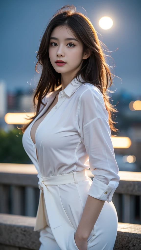 tmasterpiece，Highest image quality，super detailing，(1 Sister), The beautiful, amazing face and eyes, Cosmetics for a refined and beautiful face), (The best look), (Beautiful big breasts:1.1), (Best quality:1.4), (ultra - detailed), (extremely detaild的 CG unified 8k wallpapers), Very meticulous, RAW photos, professional photoshooting, ((buisness suit)),  (Open business shirt),blond hair blue eyes，Outdoor sports, (down town, nightcity, rays of moonlight), (nigh sky), depth of fields,