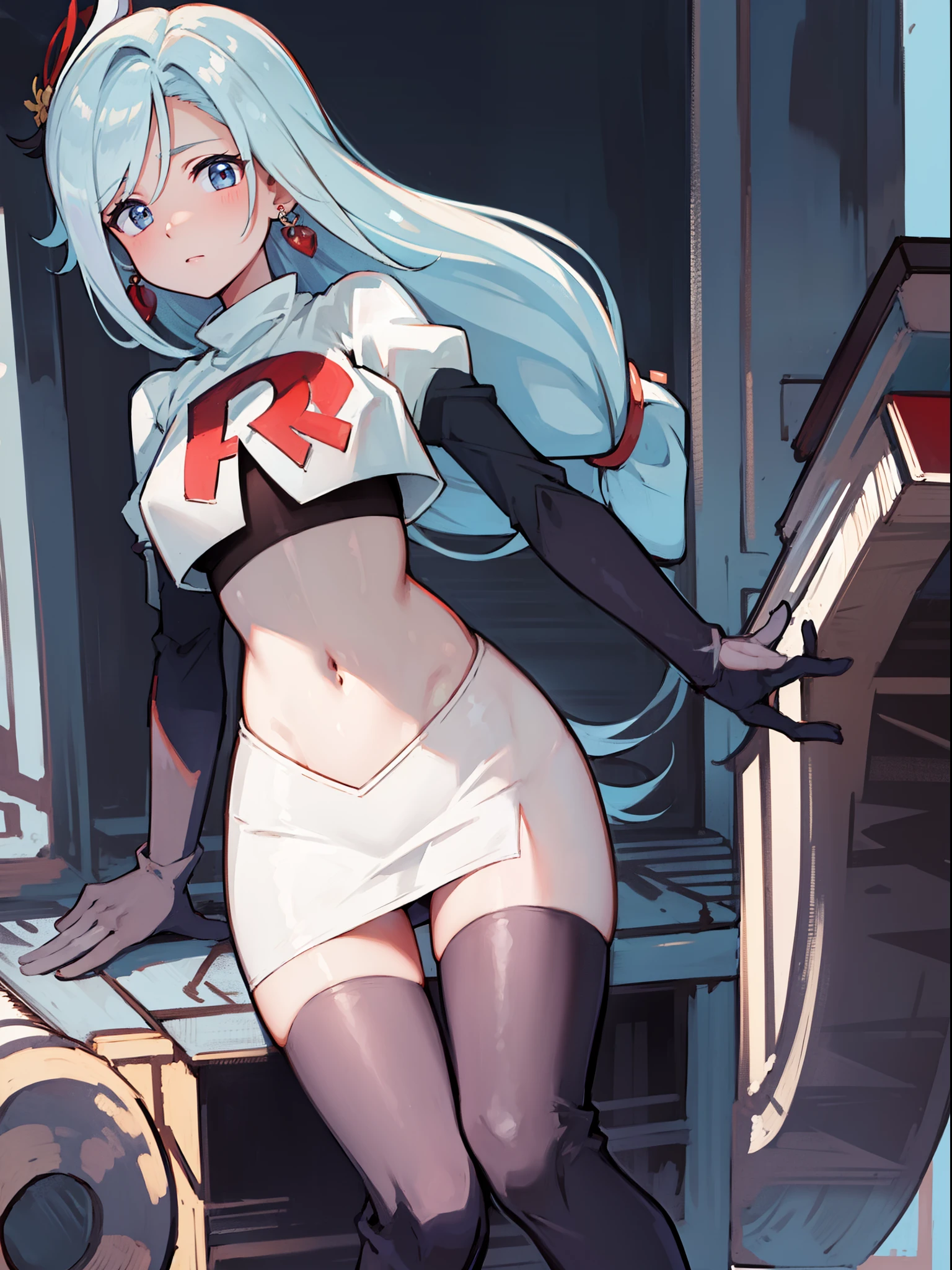masterpiece, best quality, shenhe \(genshin impact\), long hair, 1girl, solo, earrings, hair ornament, team rocket,team rocket uniform, red letter R, white skirt,white crop top,black thigh-highs,black elbow gloves