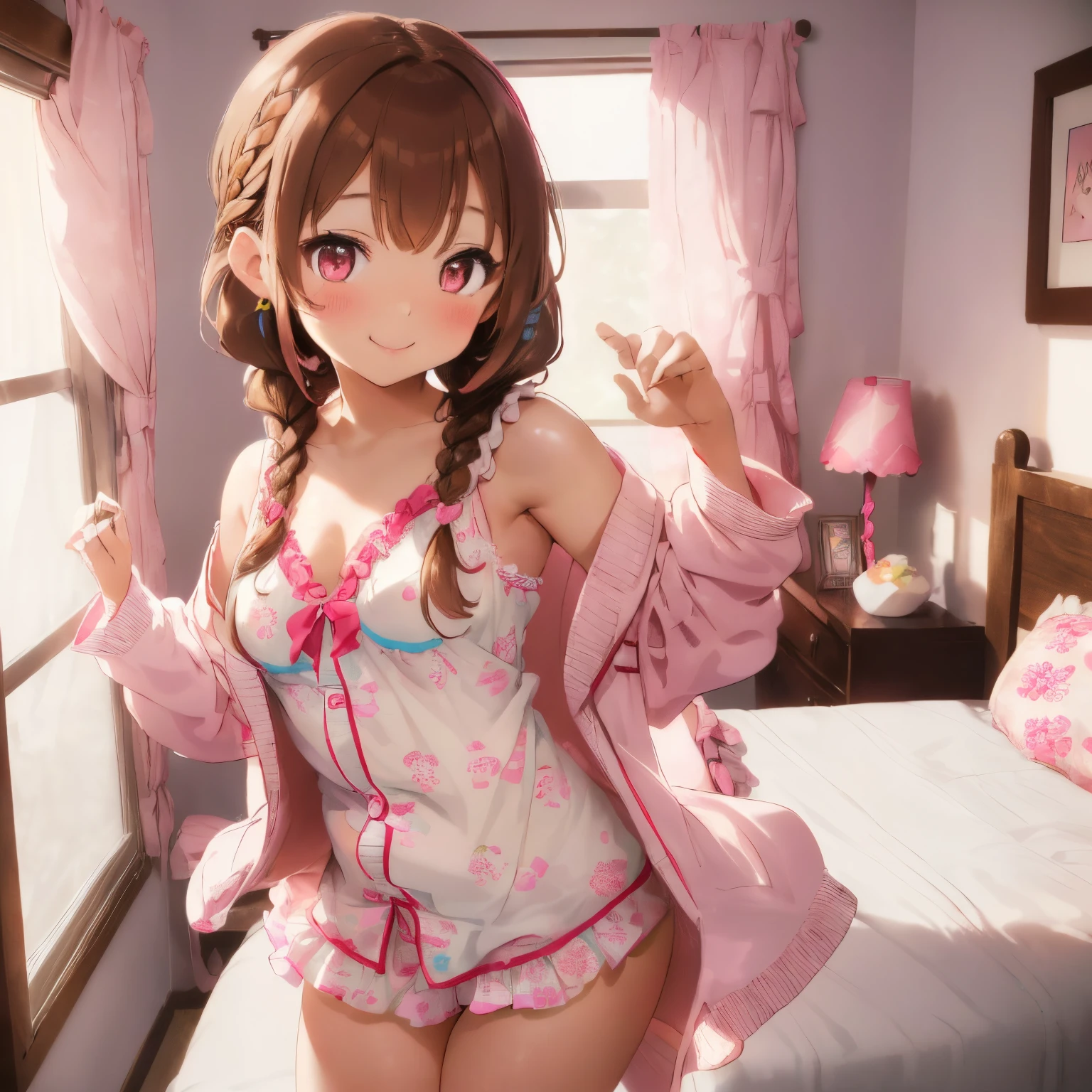 ((Brown hair)),((Braided shorthair)),(With bangs),Slight red tide,((Sweet li style pajamas long sleeve cardigan clothes with lots of frills)),(all white and pink),((Colorful, cute and bold underwear)),(with floral pattern),(The chest is boldly opened and the cleavage is glimpsed),(fairy tale cute platform sneakers),((Colorful and pop world view)),(((The body shape is slender))),((Cute pose like a model)),(Kamime Heath Smile),(close up of face),NSFW,((Sleeveless Nightgown)),(room style)