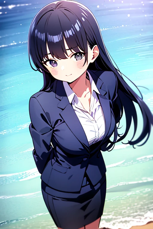 1girl, anna yamada, beach background, suit, office lady, black skirt, black blazer, pencil skirt, white shirt, long hair, teenager, looking at viewer, full body