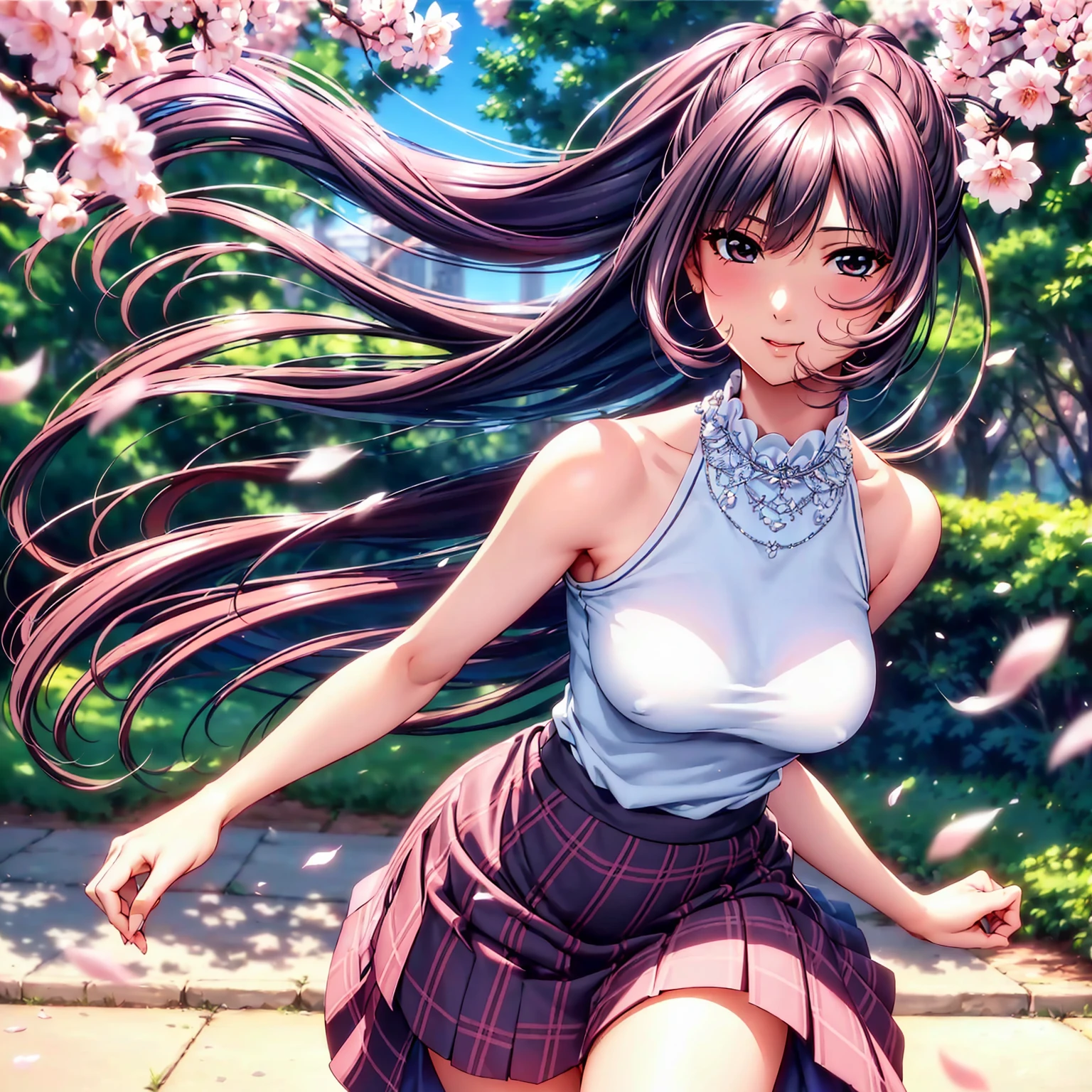 (top quality picture、masterpiece level、very high res、超A high resolution,High-quality detail)、(An 18-year-old beautiful girl with perfect and ultimate beauty.,beautiful breasts and body shape,Beautiful body,美丽的面容,Strong-willed eyes:1.5)、(poneyTail,The bangs are neatly arranged,Straight long side hair,Beautiful hair:1.2),Realistic textures,beautiful colors,(Wear sleeveless knitwear,Diamond Necklace,Wear a plaid pleated skirt),has a bright smile,line of sight,Mouth opens,The wind is blowing(The wind blows and the skirt flaps 1.2),Hair flutters under the influence of the wind,Park at night,A path lined with flourishing cherry blossom trees,Cherry blossoms scattering,Beautiful Landscapes,(The whole body,thigh visible,accurate anatomy、extremely detailed picture、Accurate images、Perfect Image 1.5)、beautiful anime woman, Beautiful Art Style, an animated character、(The whole picture、Detailed picture、Defect-free images、natural soft light、beautiful image),(Best Shot 1.2)