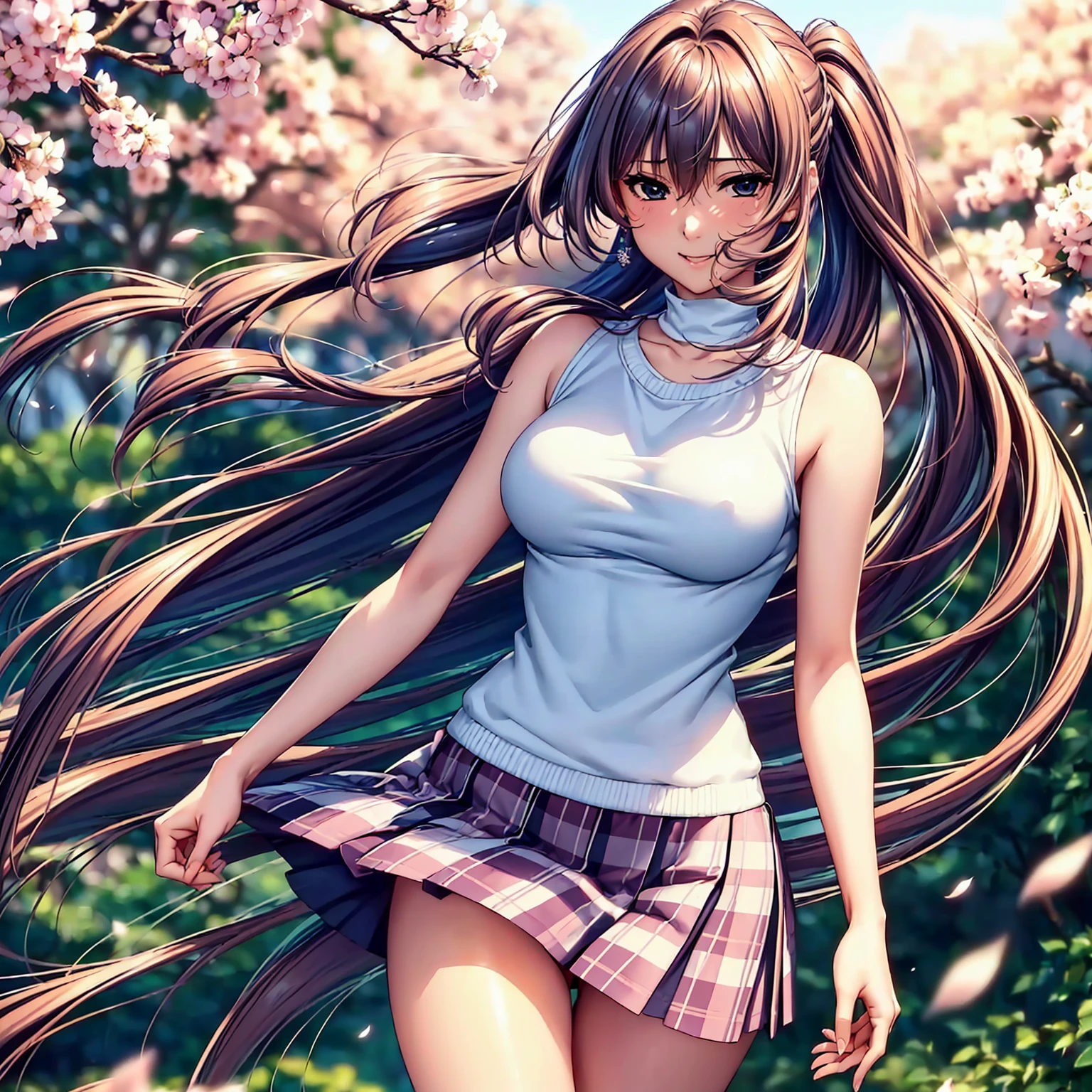 (top quality picture、masterpiece level、very high res、超A high resolution,High-quality detail)、(An 18-year-old beautiful girl with perfect and ultimate beauty.,beautiful breasts and body shape,Beautiful body,美丽的面容,Strong-willed eyes:1.5)、(poneyTail,The bangs are neatly arranged,Straight long side hair,Beautiful hair:1.2),Realistic textures,beautiful colors,(Wear sleeveless knitwear,Diamond Necklace,Wear a plaid pleated skirt),has a bright smile,line of sight,Mouth opens,The wind is blowing(The wind blows and the skirt flaps 1.2),Hair flutters under the influence of the wind,Park at night,A path lined with flourishing cherry blossom trees,Cherry blossoms scattering,Beautiful Landscapes,(The whole body,thigh visible,accurate anatomy、extremely detailed picture、Accurate images、Perfect Image 1.5)、beautiful anime woman, Beautiful Art Style, an animated character、(The whole picture、Detailed picture、Defect-free images、natural soft light、beautiful image),(Best Shot 1.2)