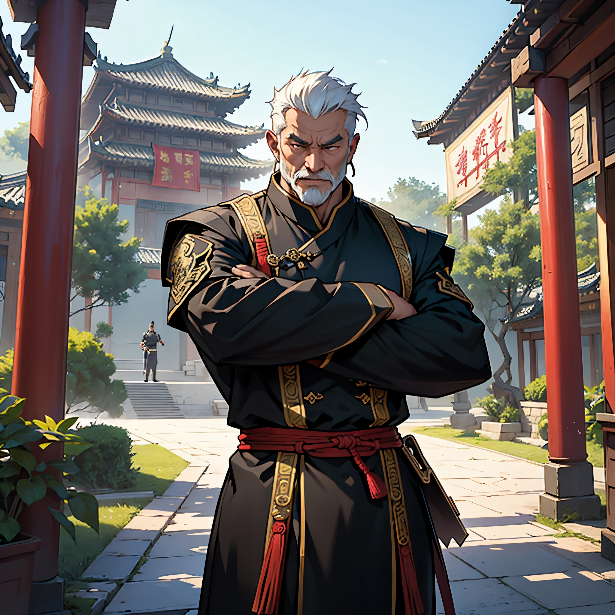 masterpiece, Best Quality, detailed, Cinematics, 4k, Background with:In front of a pavilion inside an ancient Chinese city, wearing black uniform and armor, A muscular old man who is an absolute expert in martial arts....., Cool pose