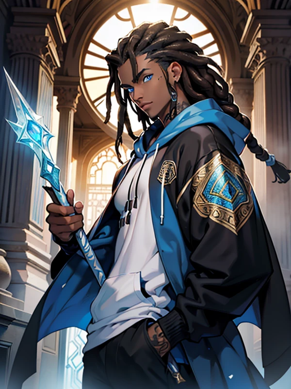 8k, complex, elegant, highly detailed, majestic, digital photography, surrealist painting, beating magic, (masterpiece, side light, fine beautiful blue eyes: 1.2), HDR, (glowing blue eyes)), (glowing tattoo), (African) ,handsome boy, black hair, skinny, (brown skin), handsome, facing the camera, masterpiece, (white hoodie with black patterns), (holding a staff made of ice), (dreads), dark skin, , holding a staff