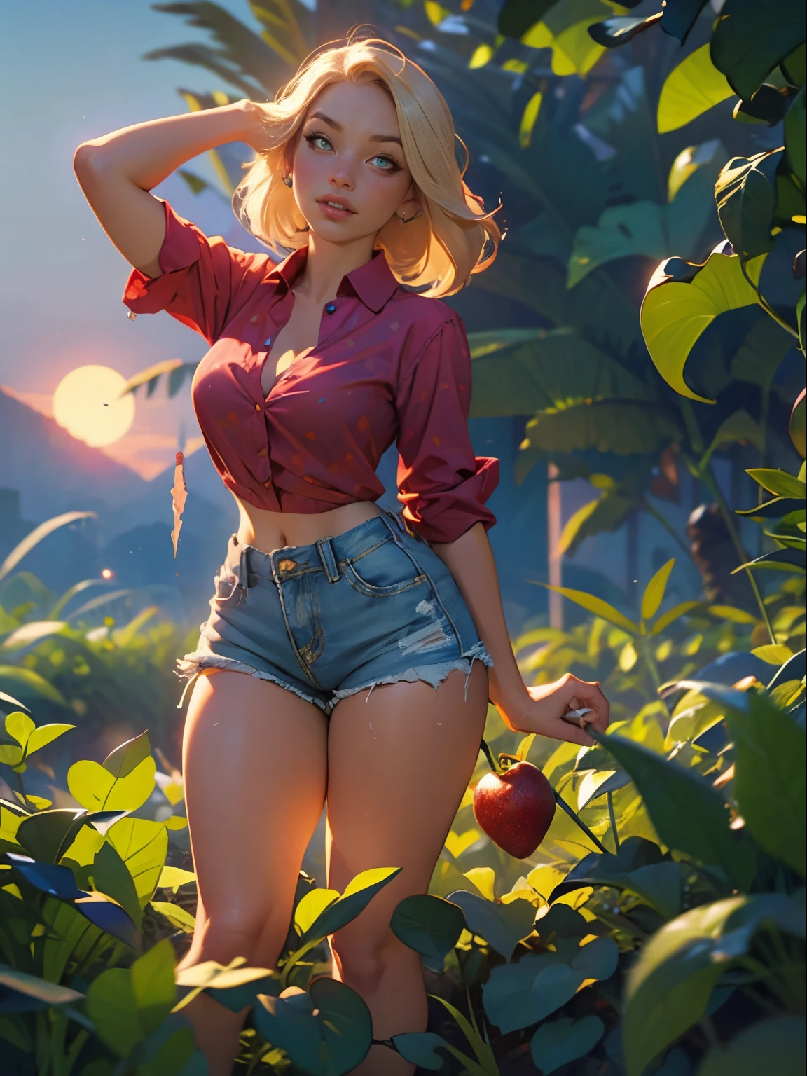 2076 year. The  Ruins of the Wasteland, Female huntress picking fruit in the garden, beautiful face, blonde, badly torn shirt and denim shorts ,  long legs, sweating through, sun rising, Nice warm colors, head to toe, full body shot, pretty hands, perfect fingers,
