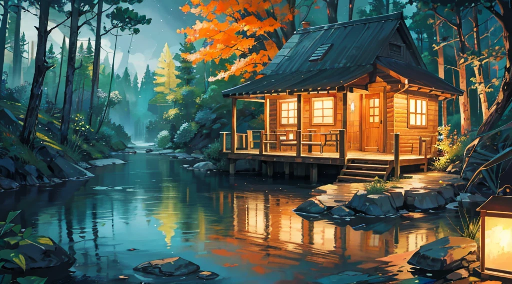 brook, clear water, magical night, small wooden hut, wooden chairs and orange lights, relaxation, beautiful scenery
