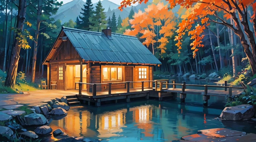 brook, clear water, magical night, small wooden hut, wooden chairs and orange lights, relaxation, beautiful scenery