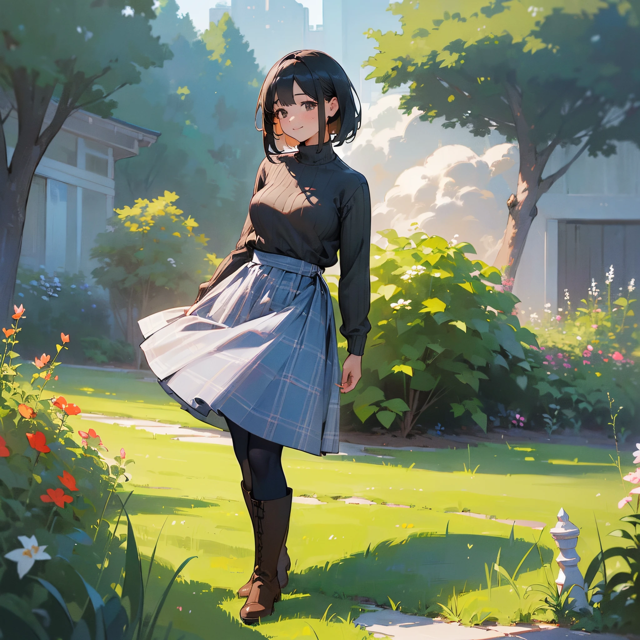 (High quality, High resolution, Ultra-detailed, Realistic:1.37), peaceful ambiance, (plein air, garden), Teenage girl standing alone, (My breasts are big.), Beautiful detailed features, Cute smile, (Black bob hair), Ribbed sweater, blue plaid skirt, Black tights, Brown boots.