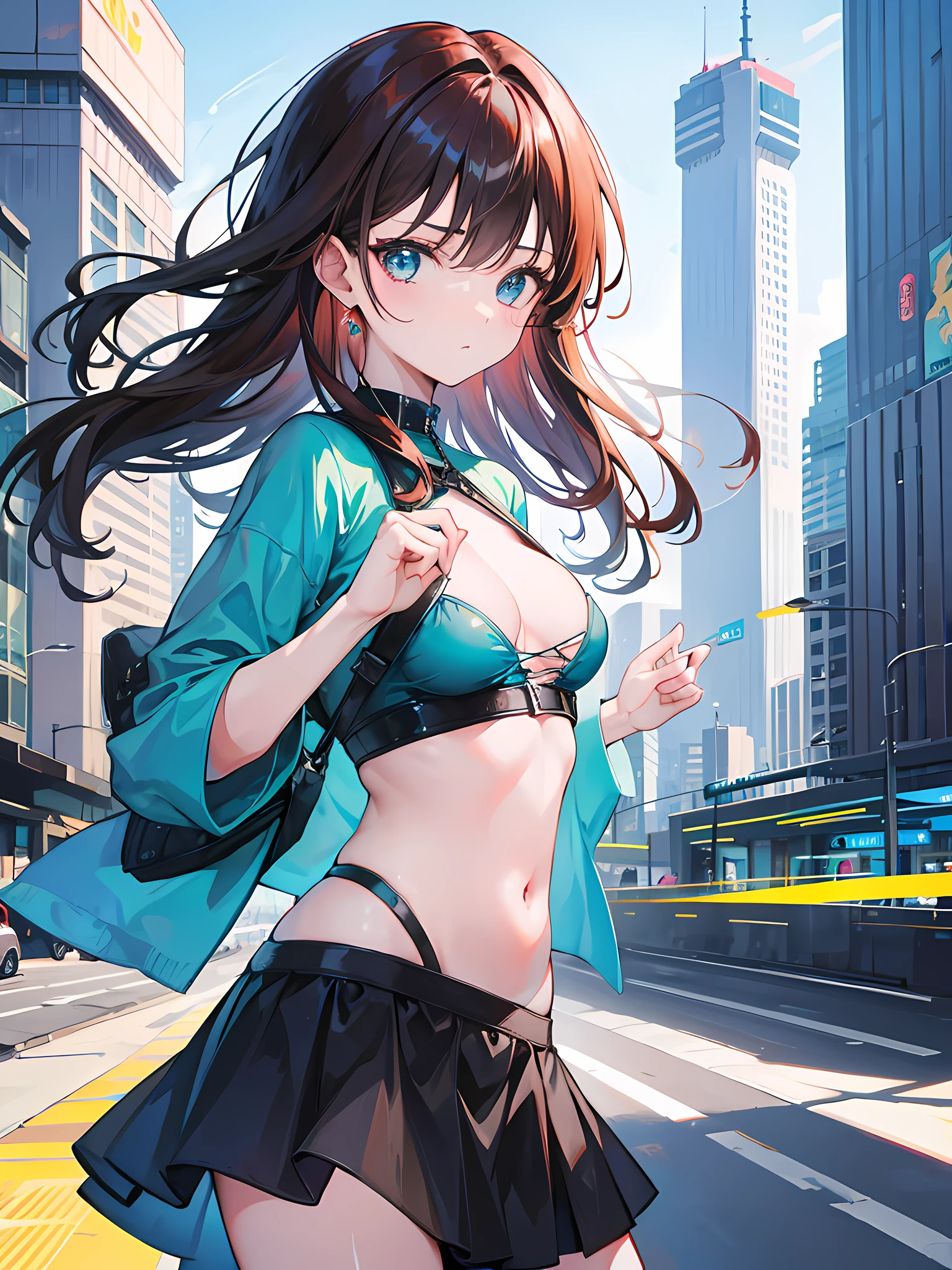 1girl, medium auburn hair, blue green eyes, small breasts, wearing teal crop top, black skirt, futuristic city, absurdres, high res, ultrasharp, 8k, masterpiece, looking at viewer