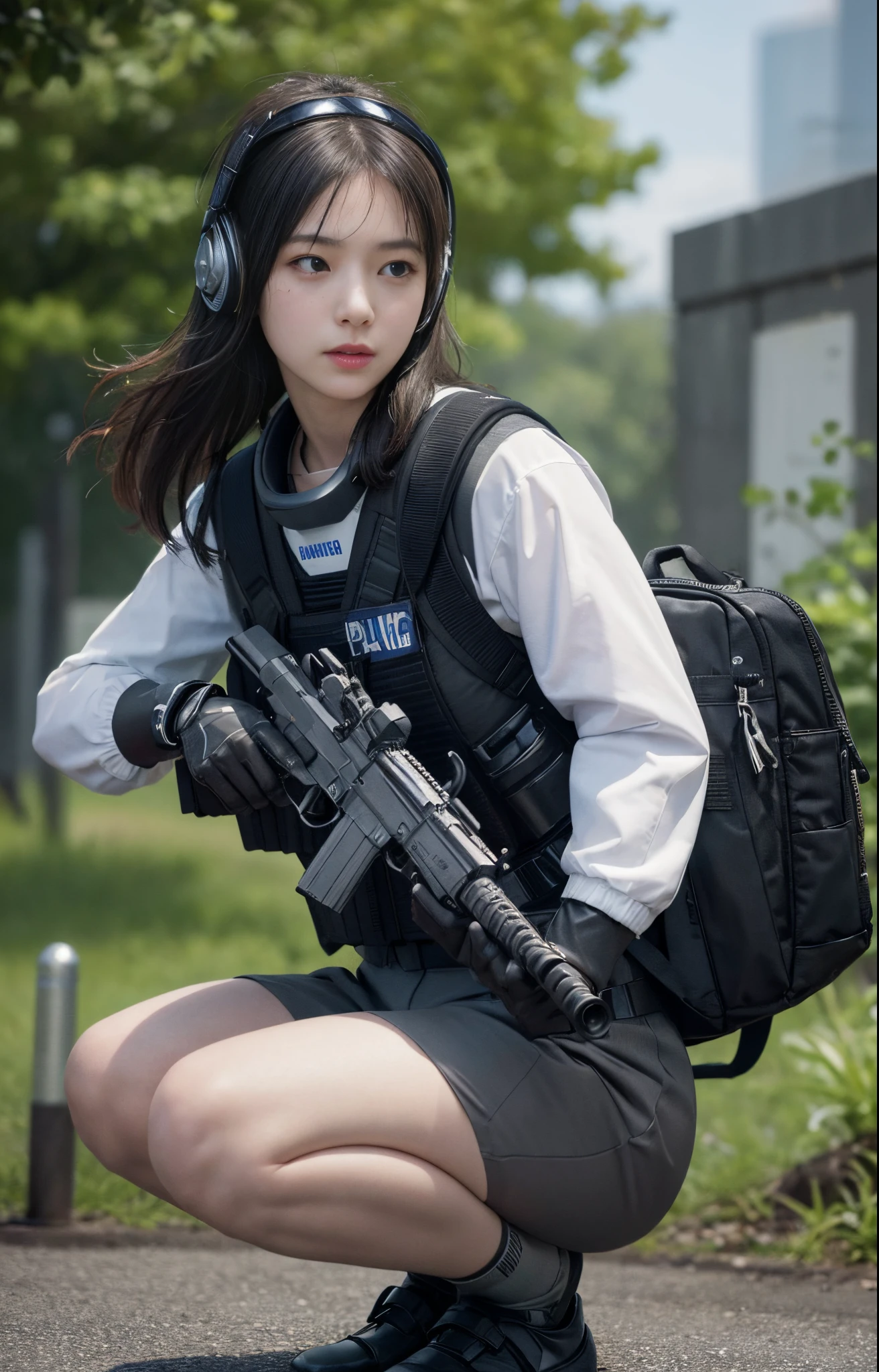 ((best quality, (masterpiece), photorealistic, photorealism, Photorealistic, high resolution)), 1girl full body, aiming with an assault rifle, another girl squatting behind, Combat pose, (Detailed face), (wearing rash-guard likes police uniform, gloves, black and grey mecha, wearing futuristic-headset, military harness, holding a machinegun, carrying backpack), background grey, Fingers are occluded