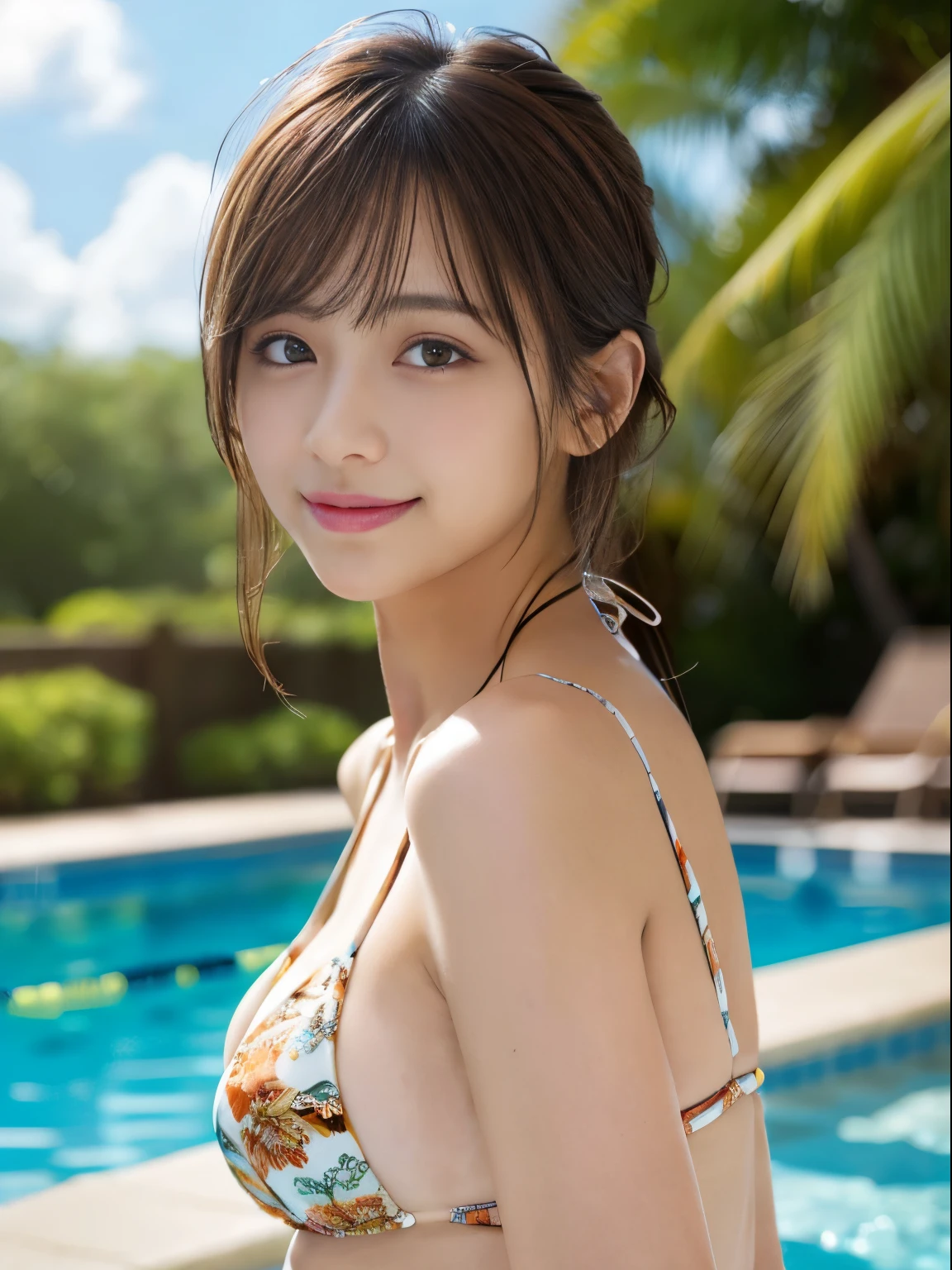 (swimming pools, a wet body:1.2), Super Detailed Face, Detailed lips, beautifully detailed eyes, age19. 1 japanese girl,(Raw photo, Best Quality), (Realistic, Photorealsitic:1.4), masutepiece, extremely delicate and beautiful, Extremely detailed, 8k wallpaper, amazing, finely detail, extremely detailed CG Unity, hight resolution, Soft light, beautiful detailed nose, Beautiful detailed eyes,Perfect Anatomy,bright high leg bikini,Smiling (hair messy, asymmetrical bangs, light brown hair,)