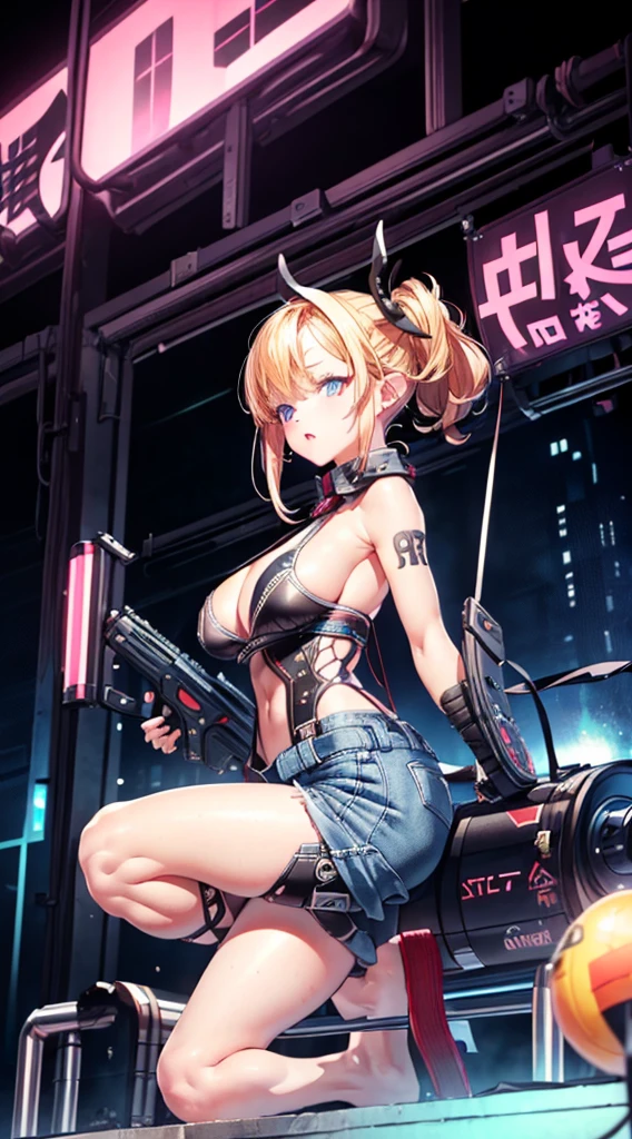 masutepiece,in 8K,High quality,Fine detail,super precision,Two sisters(Stand back to back),Big guns,large boob,Tank Tops,hotpants,in fighting,Build a night city(cyberpunked),dazzling neon light,