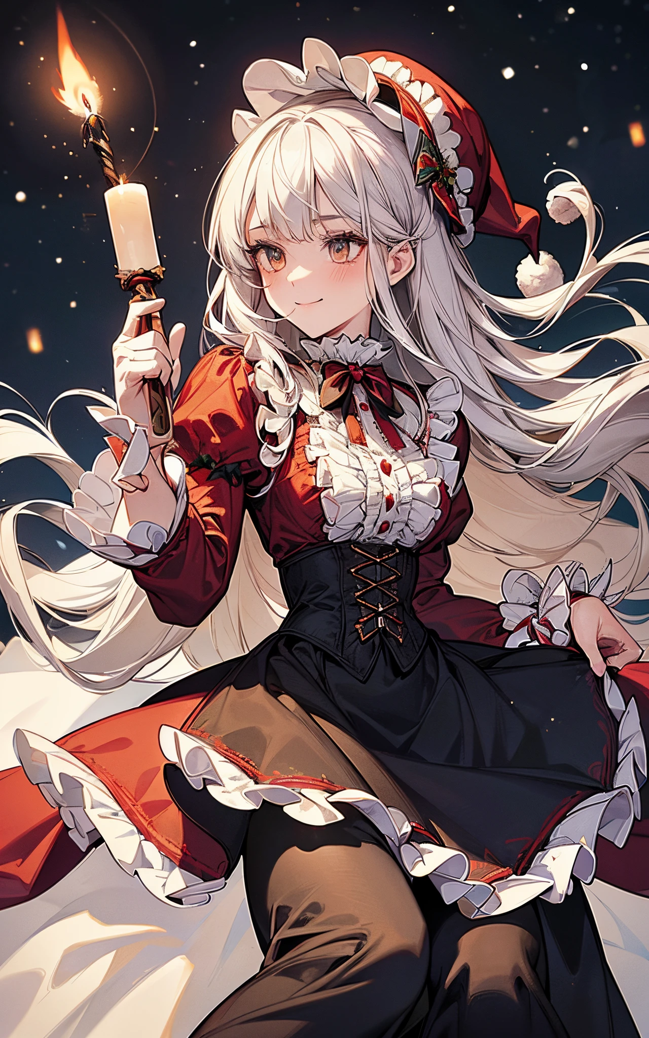 a closeup、One lady、white hair and clothes、Perfect human body、christmas night、(((He wore a Santa suit decorated with lots of frills.、victorian santa outfit)))、
 (((lighting a candle)))、A slight smil、 (((long  skirt)))、hair adornments、kirakira、Black tights、Falling snow、large hat