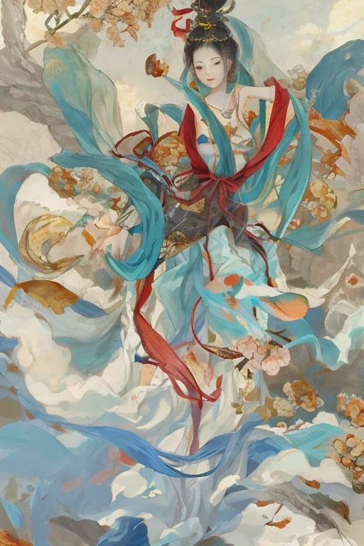 Ancient Chinese beauties flying in the sky，wearing ancient chinese costume，flowing tulle，seda clara，lazy posture，large lotus leaf，lotuses，estilo de pintura a tinta，cor limpa，corte decisivo，Leave white space，impressionista，tmasterpiece，hiper-detalhado，Epic composition, alta qulidade, HighestQuali, 4k --v 6