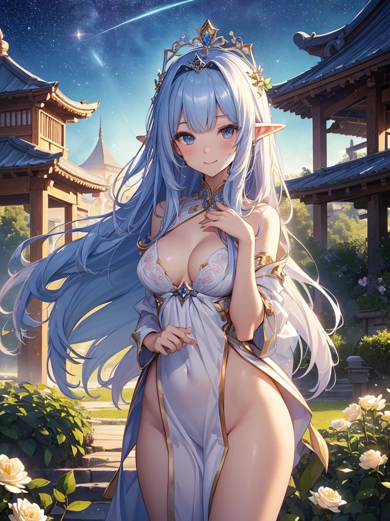 top-quality、Top image quality、​masterpiece、Full body naked goddess((24 year old、Best Bust、big bast、Bust 90,beautiful blue ironed long hair、A slender、Sexy gestures、a closeup、Esbian、beautiful tiara、hiquality、Beautiful Art、Background with((starrysky)))masutepiece、visualart、depth of fields、low angle of morning sky、、Elven ears、、light magic、cosmoid night、、Happy smile、Gentle light、、Beautiful and skin-friendly breasts、beautiful foot、welcome、、Number of fingers with accurate finger movements、ticker beautiful body、sexypose、Mystical　　Flower Garden、seductiv、flower  field、roses、Wooden pillars、Public bath of the palace、NS Flavre、Renaissance art、sexypose