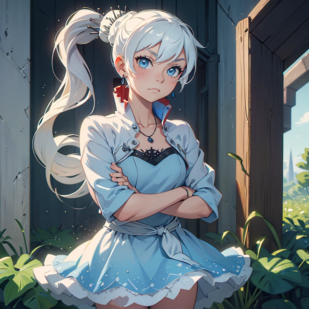 (masterpiece, best quality:1.2), cowboy shot, solo, 1girl, weissvale, expressionless, closed mouth, looking at viewer, crossed arms, long white hair, side ponytail, white dress, jewelry, necklace, earrings, country lane
