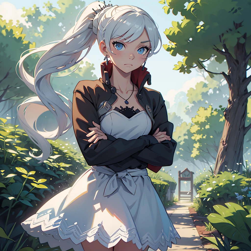 (masterpiece, best quality:1.2), cowboy shot, solo, 1girl, weissvale, expressionless, closed mouth, looking at viewer, crossed arms, long white hair, side ponytail, white dress, jewelry, necklace, earrings, country lane