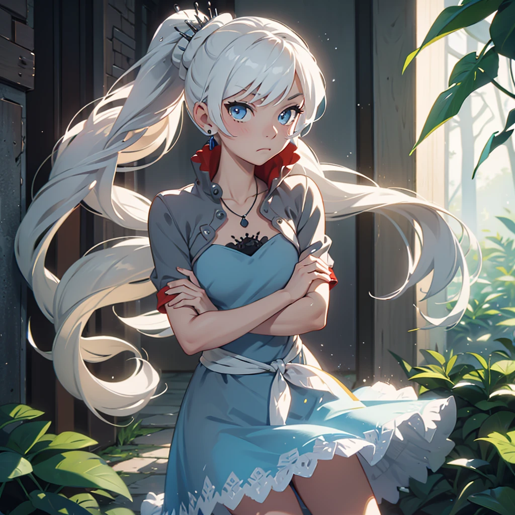 (masterpiece, best quality:1.2), cowboy shot, solo, 1girl, weissvale, expressionless, closed mouth, looking at viewer, crossed arms, long white hair, side ponytail, white dress, jewelry, necklace, earrings, country lane