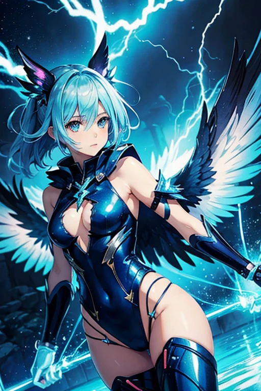 anime girl, blue lightning, fantasy, wings