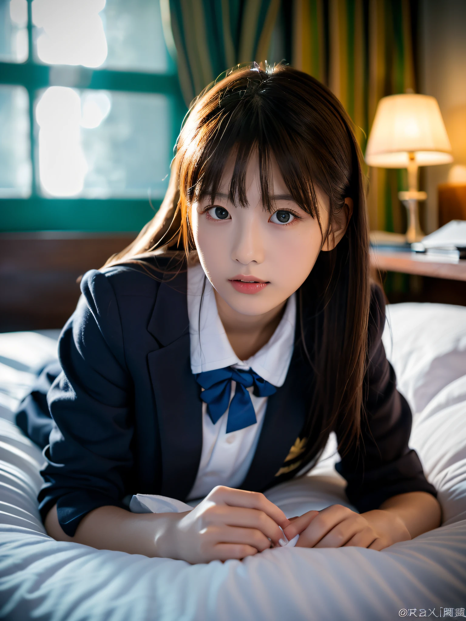 (in 8K、Raw photography, top-quality,  hight resolution:1.2)、(realisitic、photoRealstic:1.5)、1 girl、((28 years old))、Japanese, Solo, Beautiful woman lying in bed sleeping, Back, Camera, ((School Uniforms)), Detailed body, Cute and very detailed eyes, Cherry-heart-shaped lips, the chest is covered with cloth, ((room at night)), dark ilumination