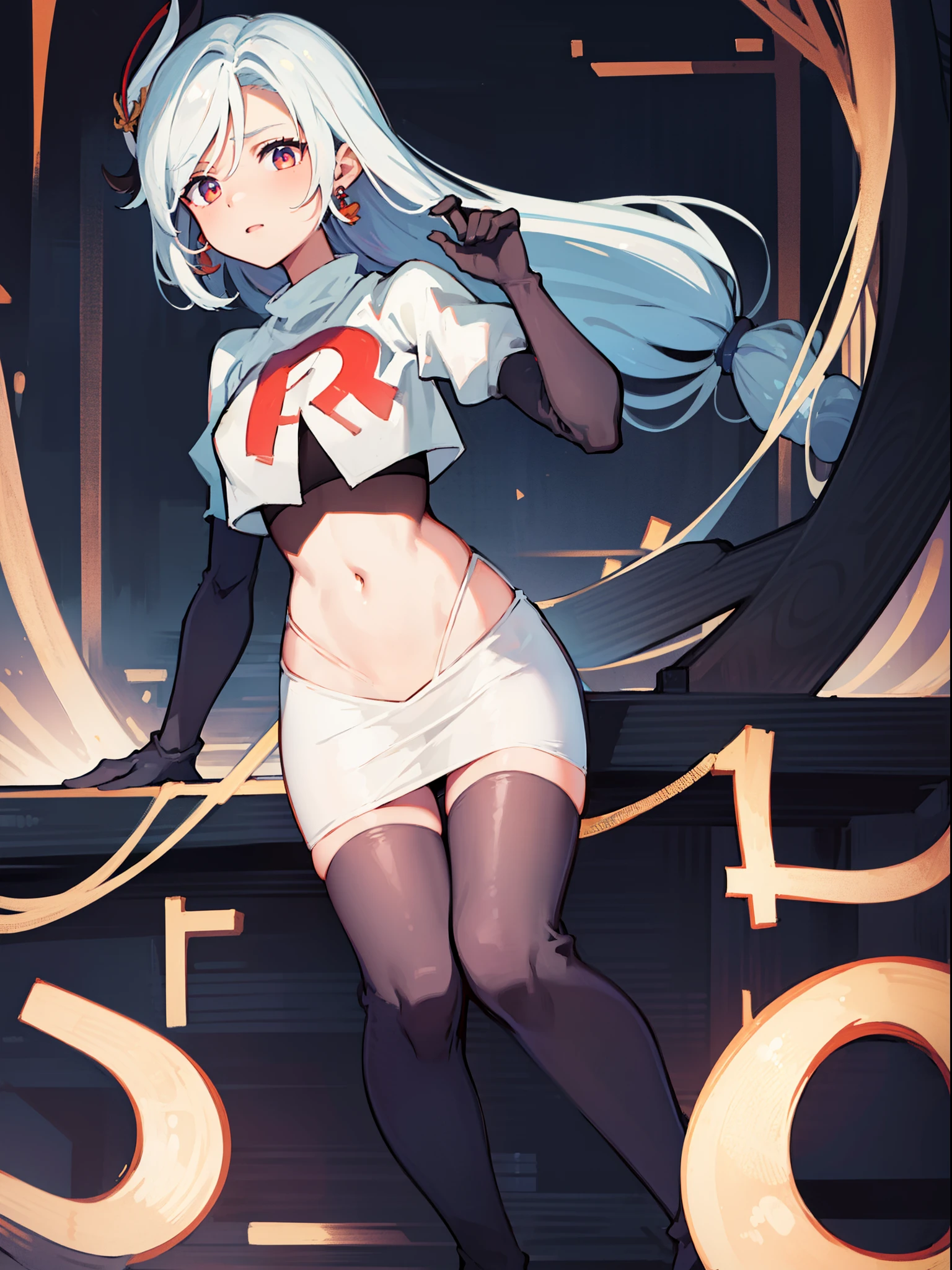 masterpiece, best quality, shenhe \(genshin impact\), long hair, 1girl, solo, earrings, hair ornament, team rocket,team rocket uniform, red letter R, white skirt,white crop top,black thigh-highs,black elbow gloves