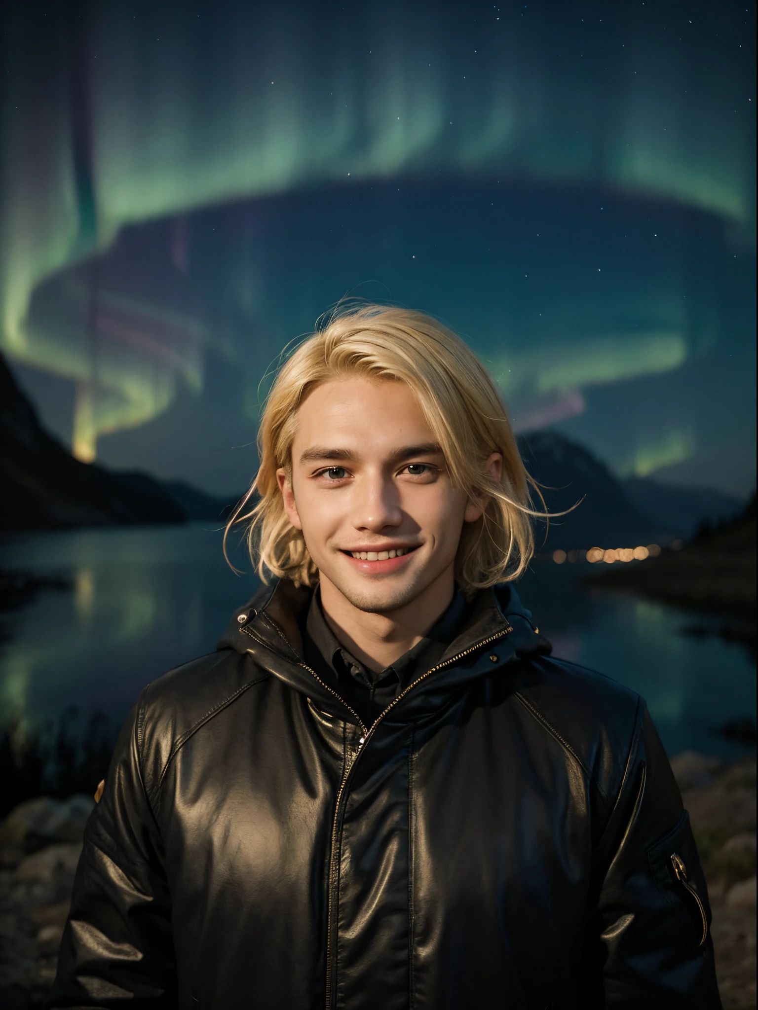 1 european man, 25 years old, blonde hair, aurora, look at the camera, traveler, explorer, outdoor, smiling,  happy, in the dark, night, dark scene, low key