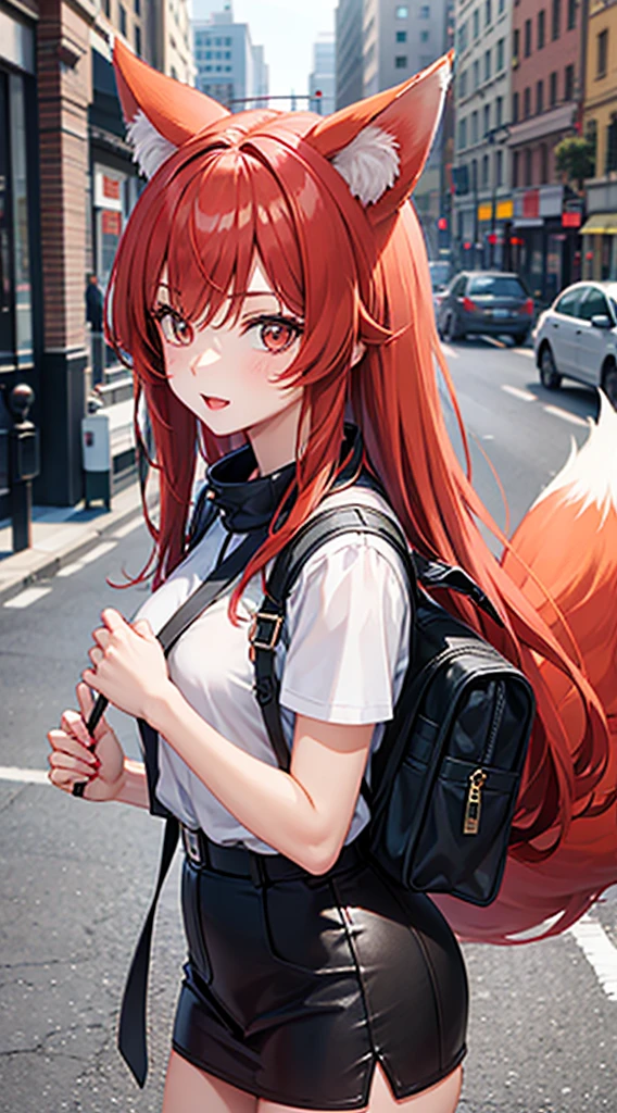girl with fox ears and fox tail red hair red tail in the city