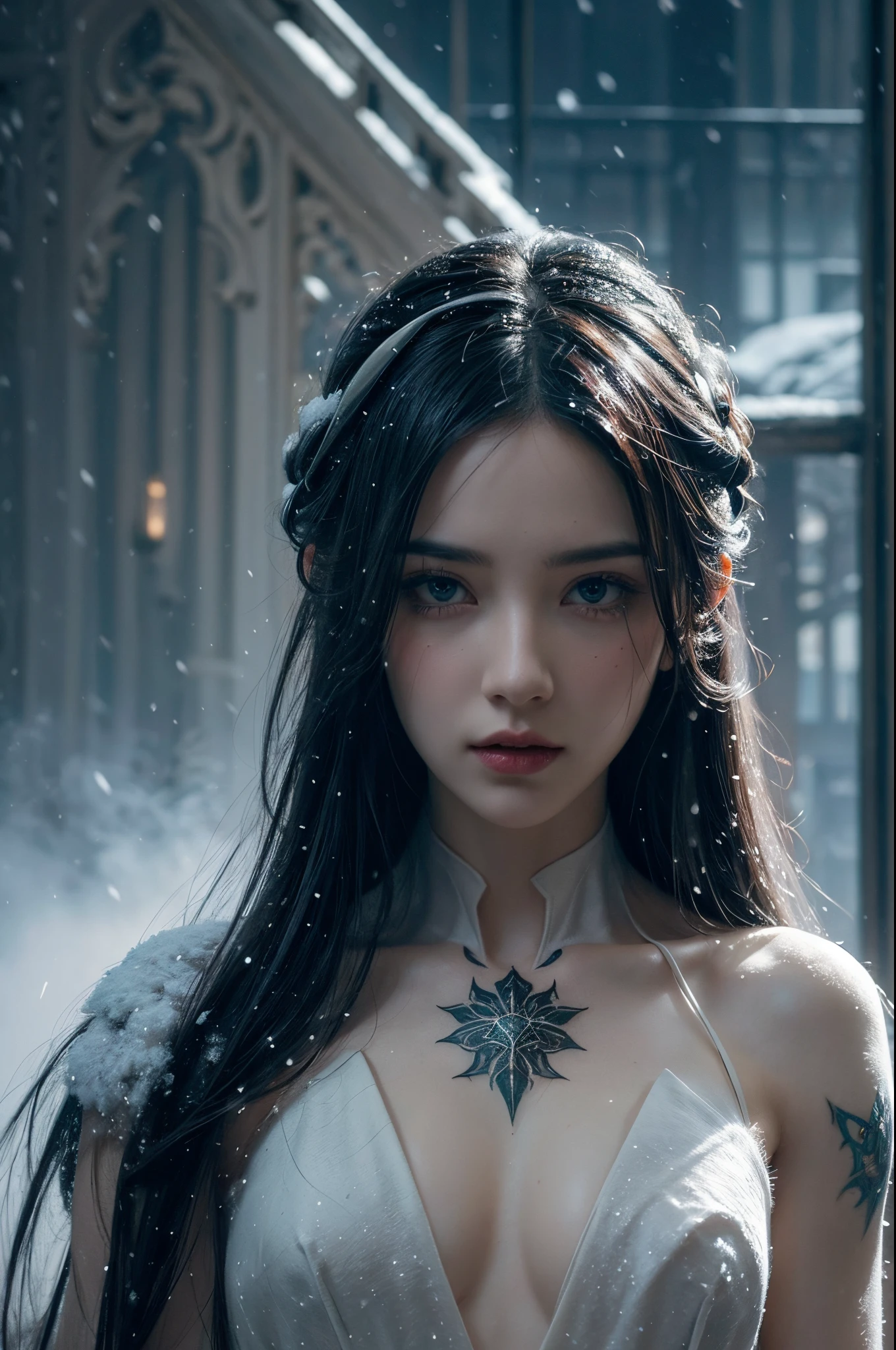 (snowstorm, dissolve:1.3), greg rutkowski style, many details, symmetric, dark fantasy, dark botanical, intricate, tattoo, imaginative, highly detailed