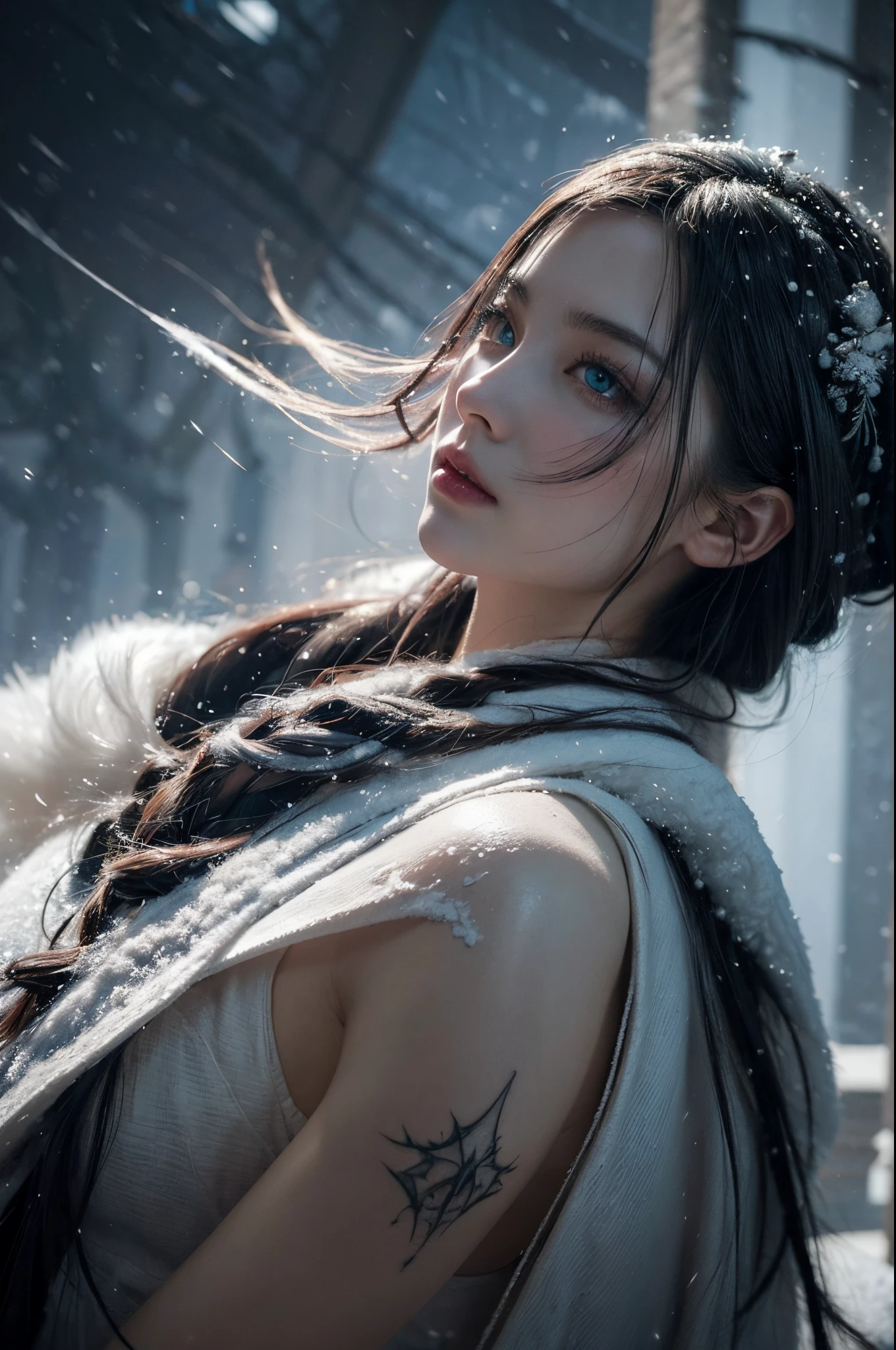 (snowstorm, dissolve:1.3), greg rutkowski style, many details, symmetric, dark fantasy, dark botanical, intricate, tattoo, imaginative, highly detailed