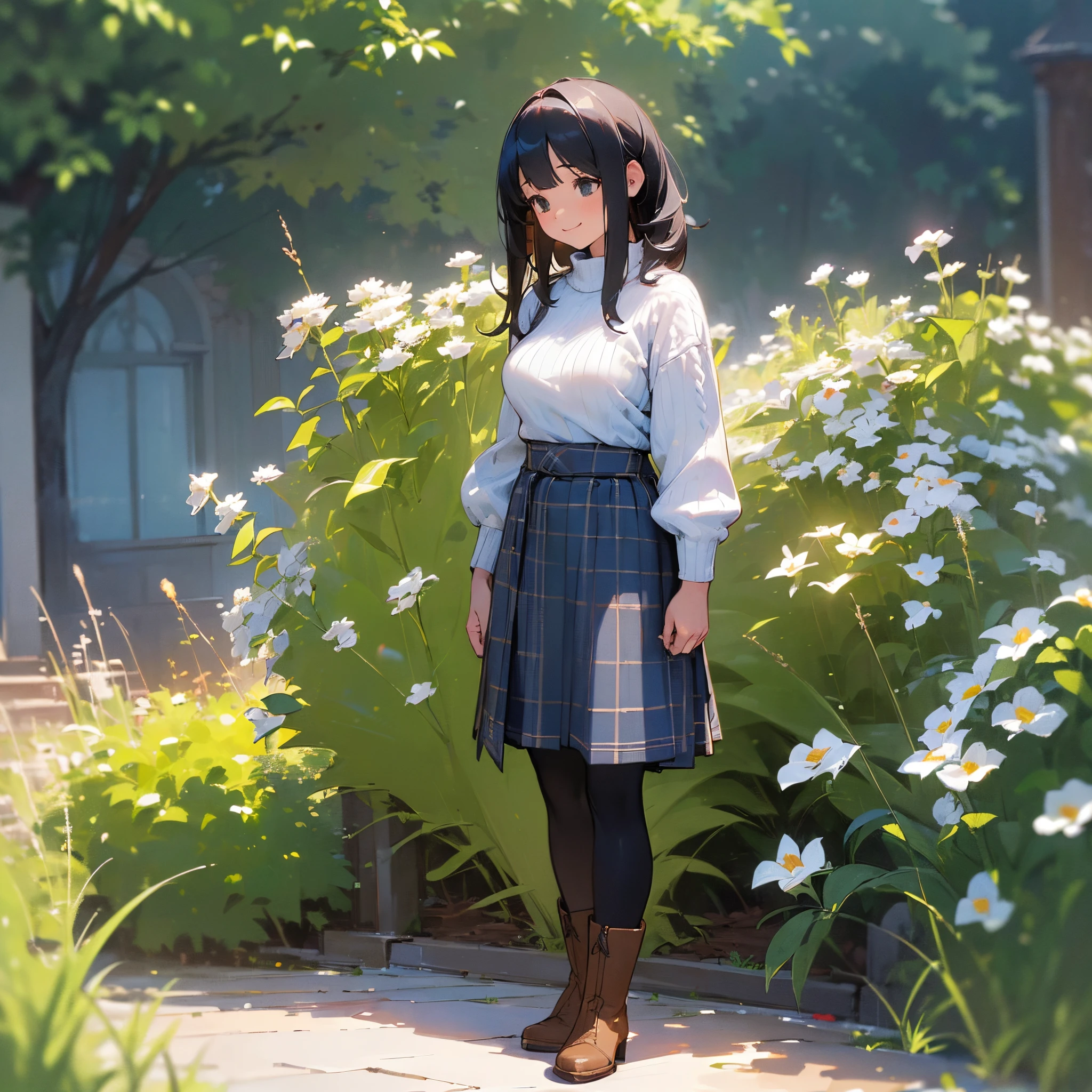 (High quality, High resolution, Ultra-detailed, Realistic:1.37), peaceful ambiance, (plein air, garden), girl standing alone, (My breasts are big.), Beautiful detailed features, Cute smile, (Black bob hair), Ribbed sweater, blue plaid skirt, Black tights, Brown boots.