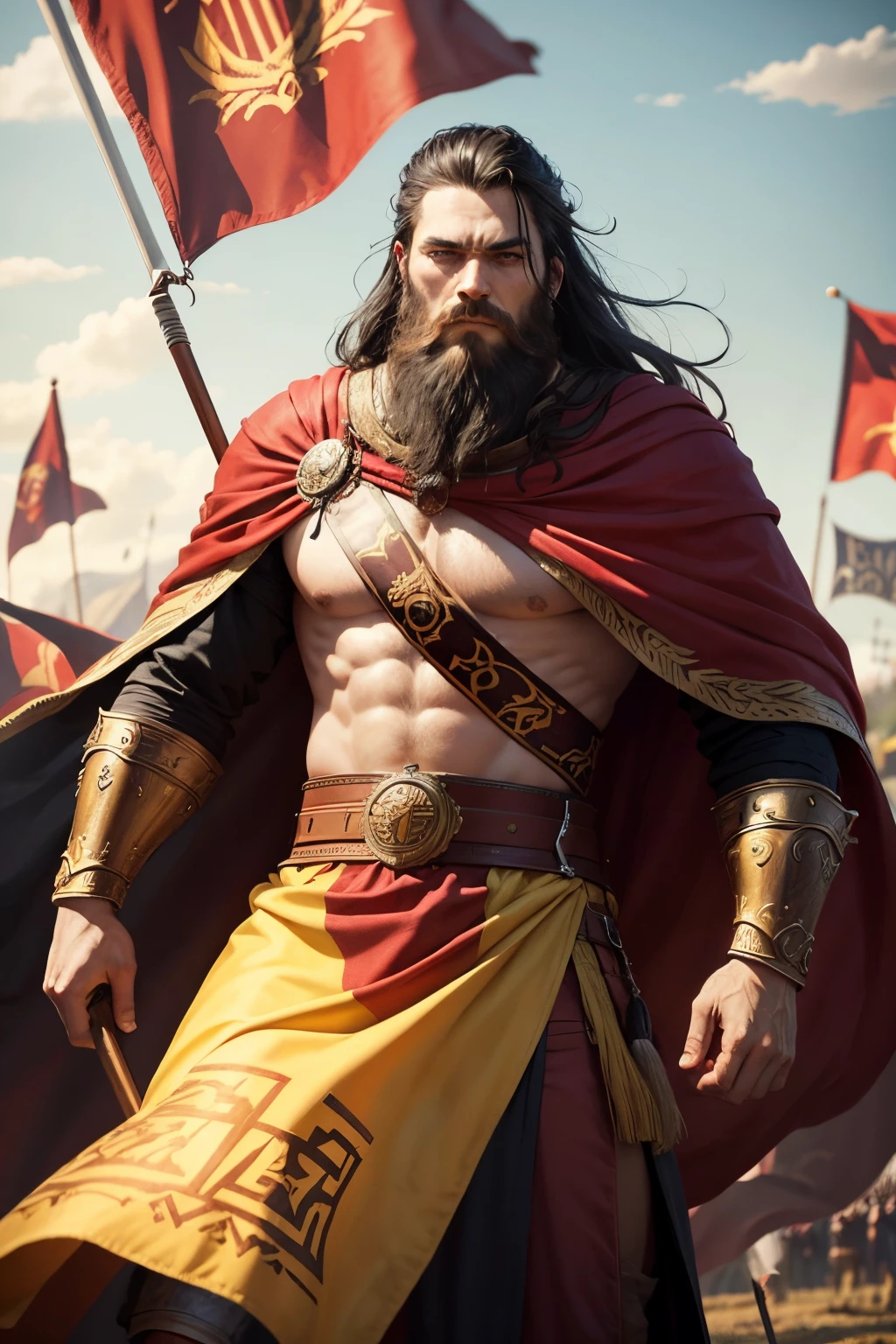 a tyrant viking king with black hair and beard holding the roman banner, red and yellow