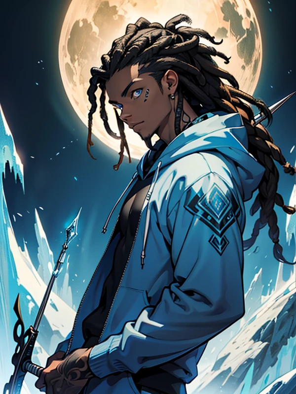 8k, complex, elegant, highly detailed, majestic, digital photography, surrealist painting, beating magic, (masterpiece, side light, fine beautiful blue eyes: 1.2), HDR, (glowing blue eyes)), (glowing tattoo), (African) ,handsome boy, black hair, skinny, (brown skin), handsome, facing the camera, masterpiece, (white hoodie with black patterns), (holding a rod made of ice), (dreads), dark skin, teen, holding a rod